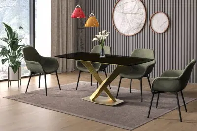 Voren Series Modern Dining Table Gold Base, With 55" Black Glass Top