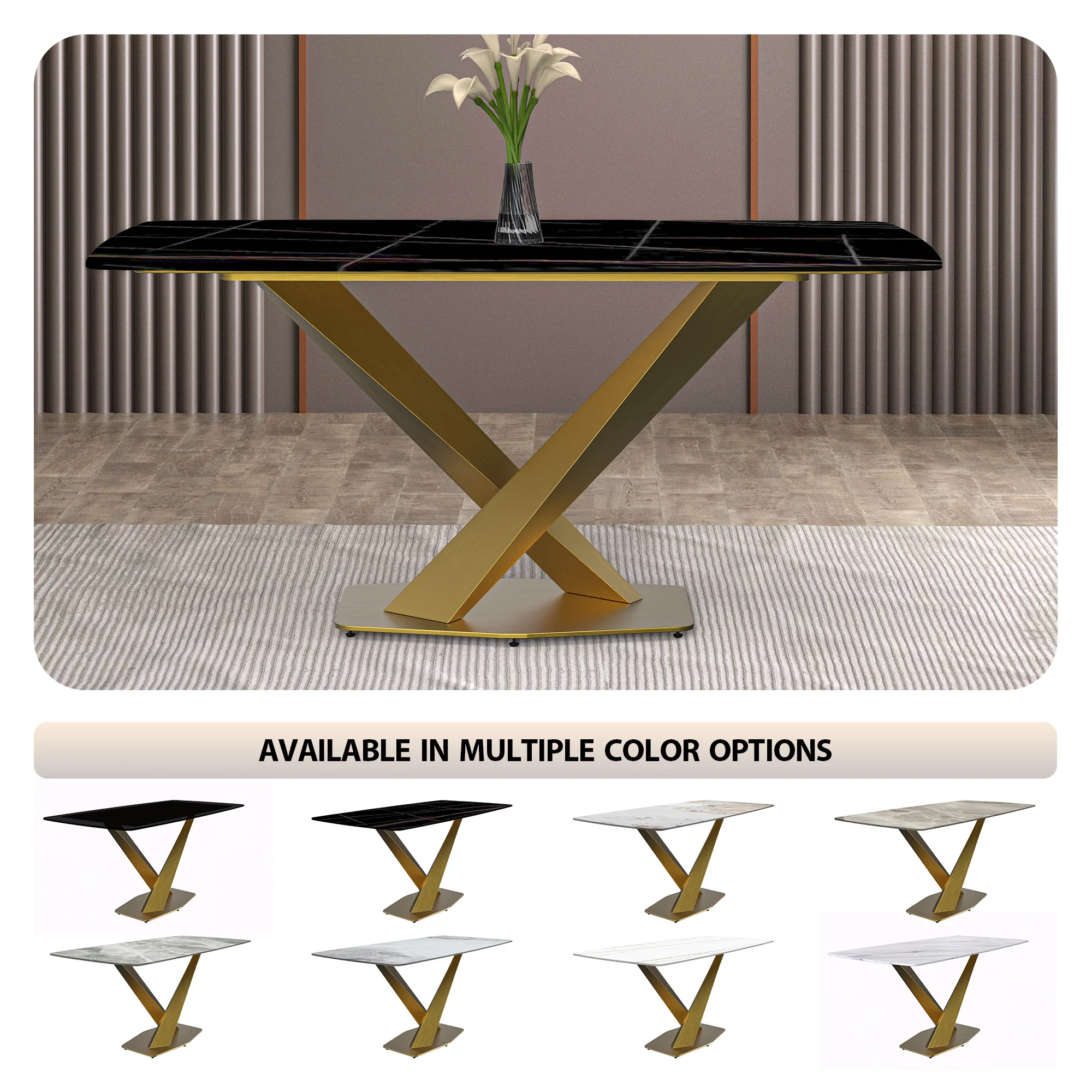 Voren Series Modern Dining Table Gold Base, With 55" Black/Gold Sintered Stone Top