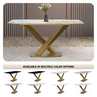 Voren Series Modern Dining Table Gold Base, With 55" White Grey Sintered Stone Top