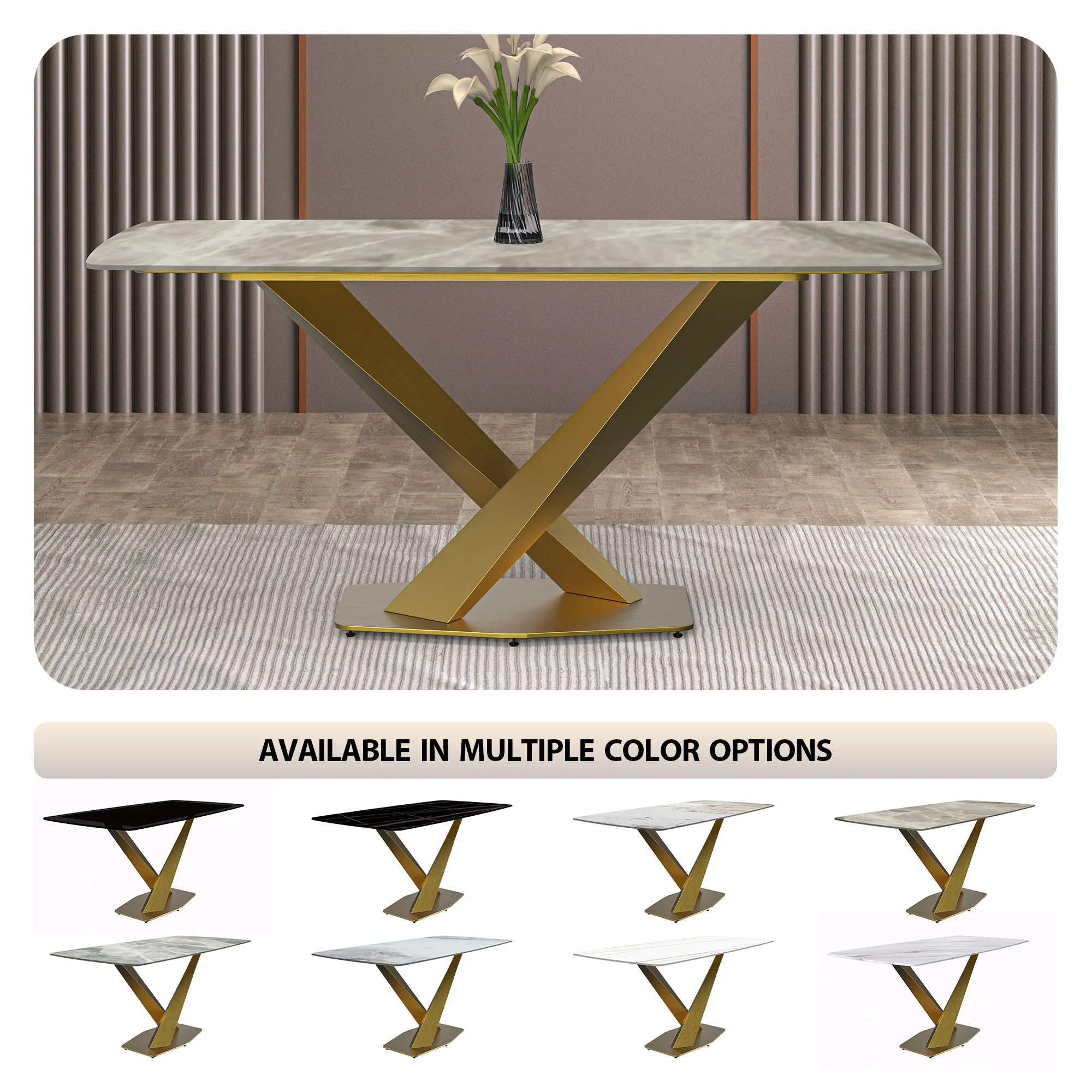 Voren Series Modern Dining Table Gold Base, With 55" Deep Grey Sintered Stone Top
