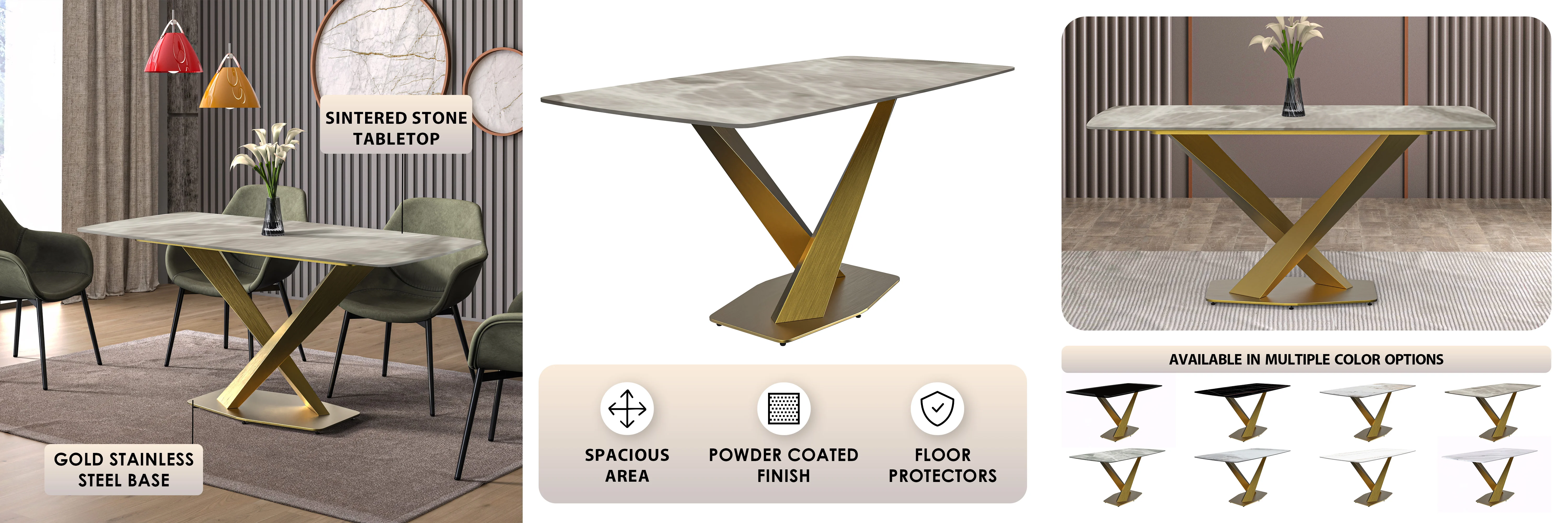 Voren Series Modern Dining Table Gold Base, With 55" Deep Grey Sintered Stone Top