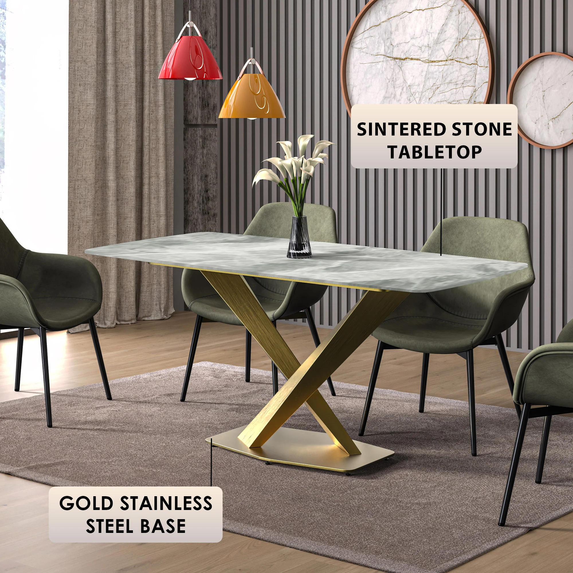 Voren Series Modern Dining Table Gold Base, With 55" Light Grey Sintered Stone Top