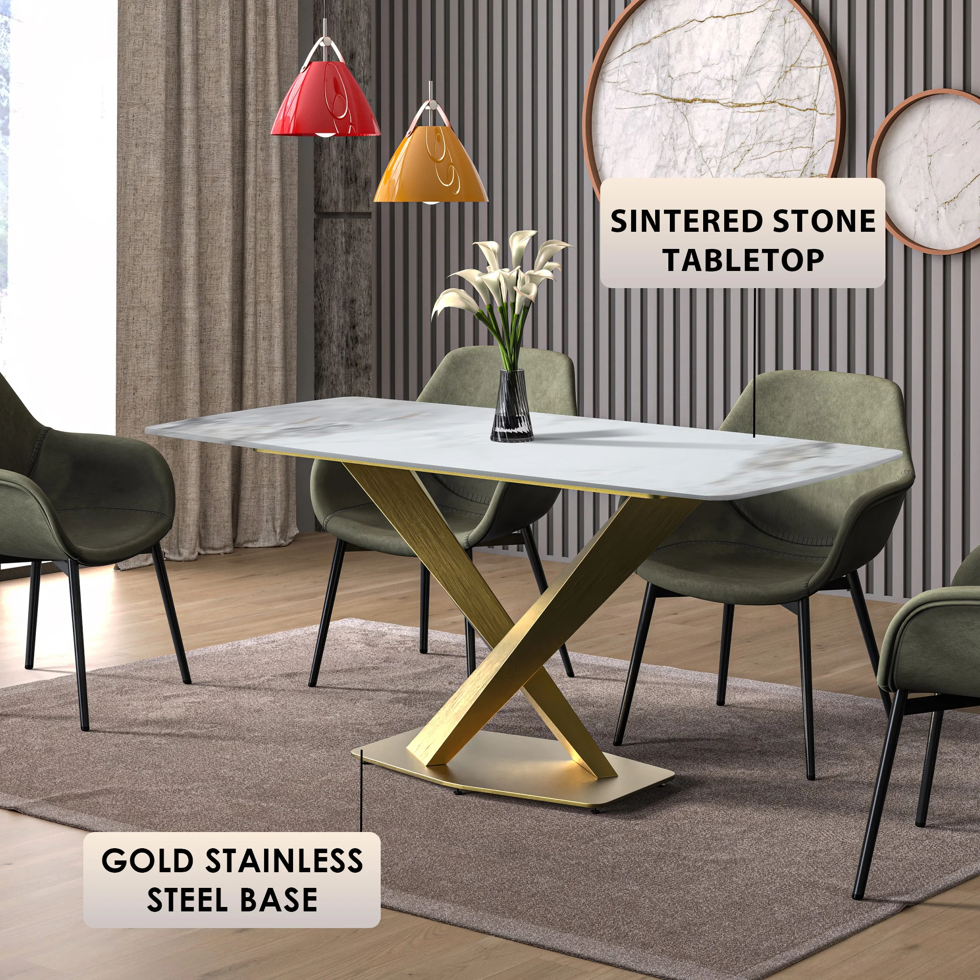 Voren Series Modern Dining Table Gold Base, With 55" Medium Grey Sintered Stone Top