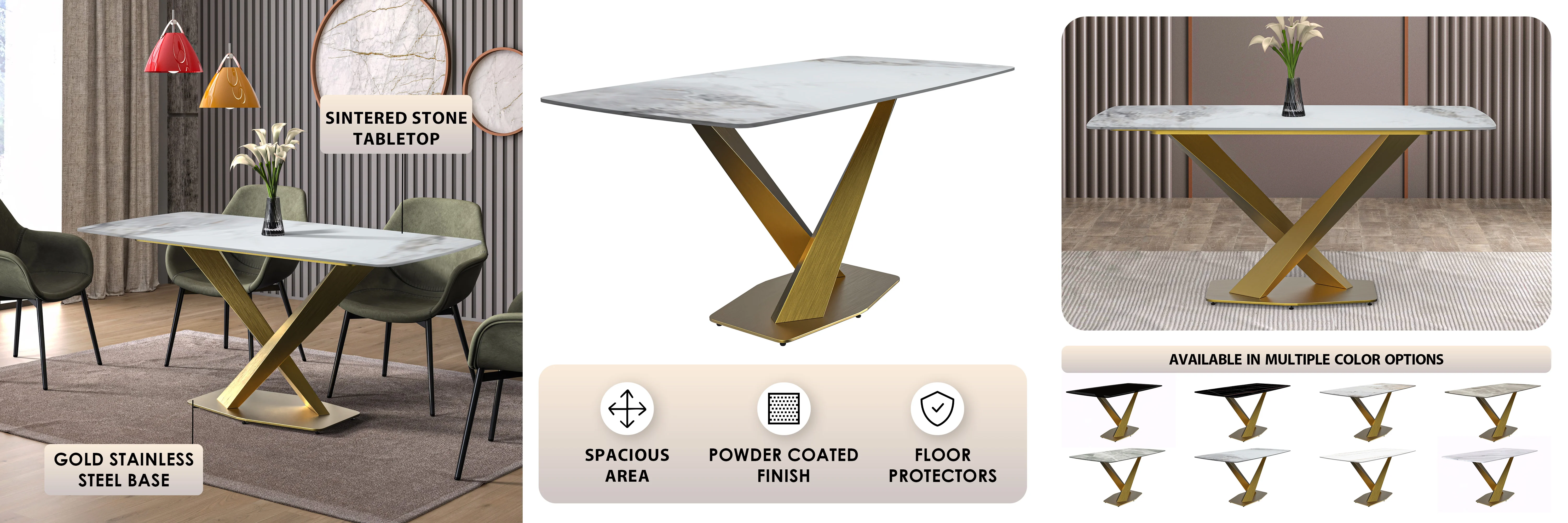 Voren Series Modern Dining Table Gold Base, With 55" Medium Grey Sintered Stone Top