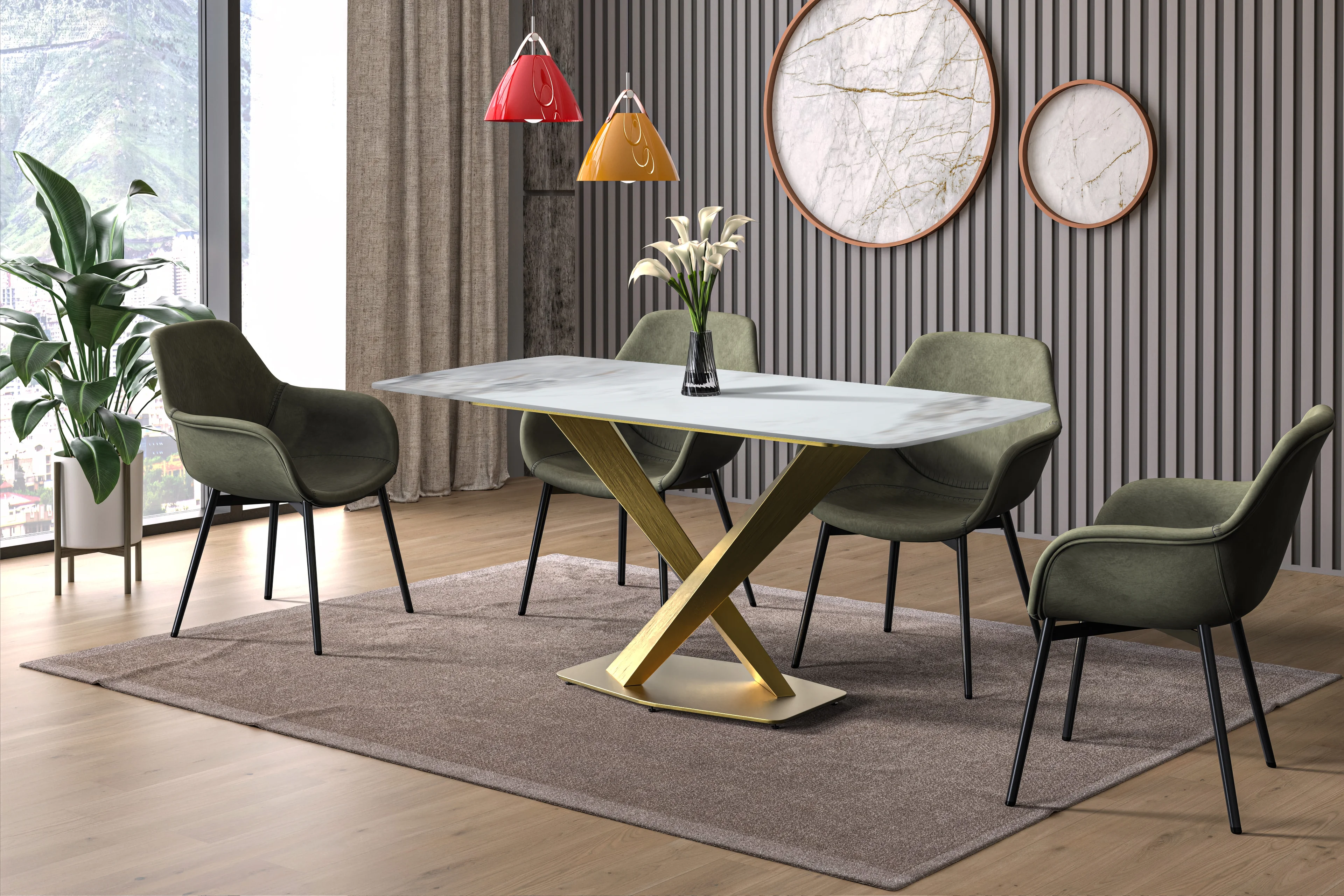 Voren Series Modern Dining Table Gold Base, With 55" Medium Grey Sintered Stone Top