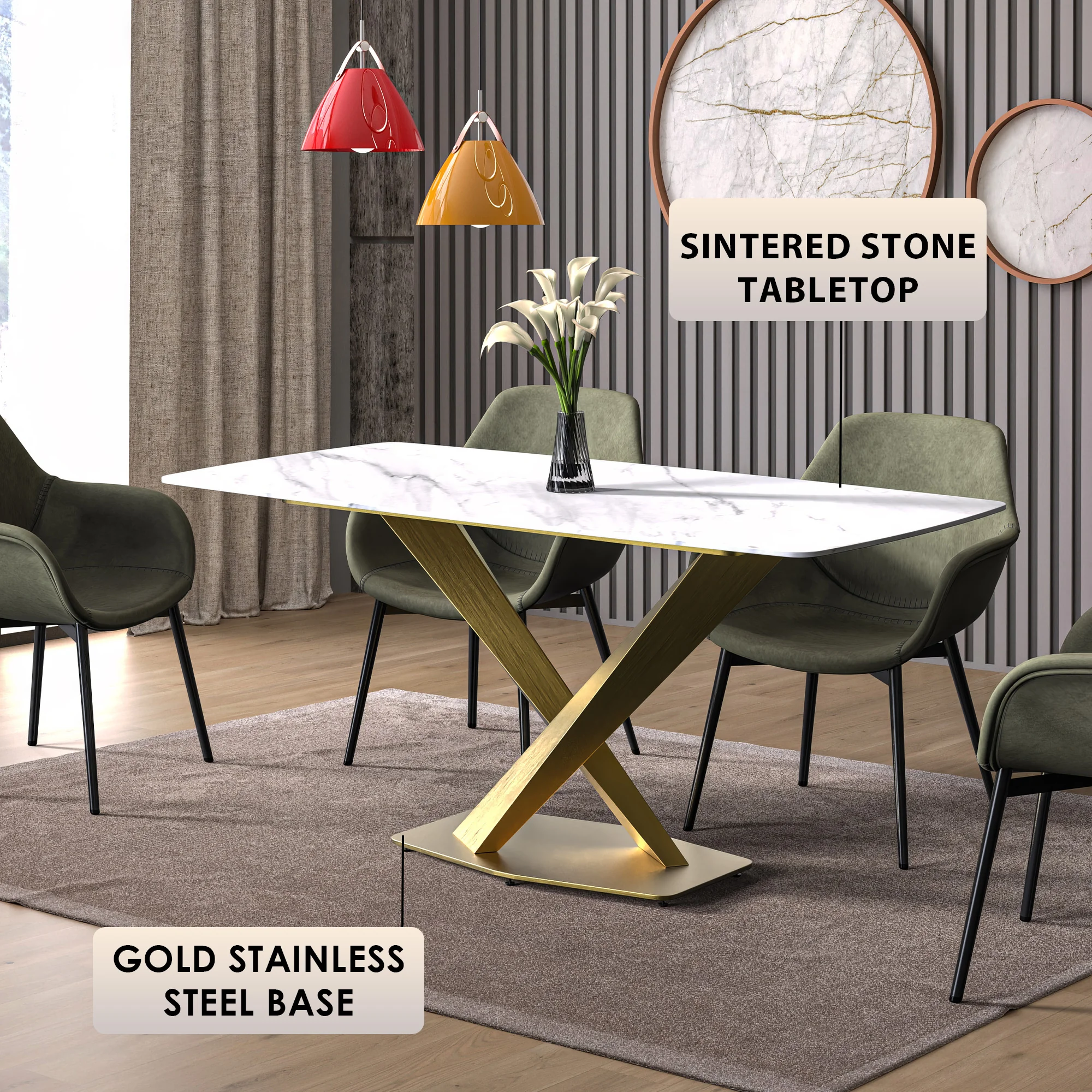 Voren Series Modern Dining Table Gold Base, With 55" White Sintered Stone Top