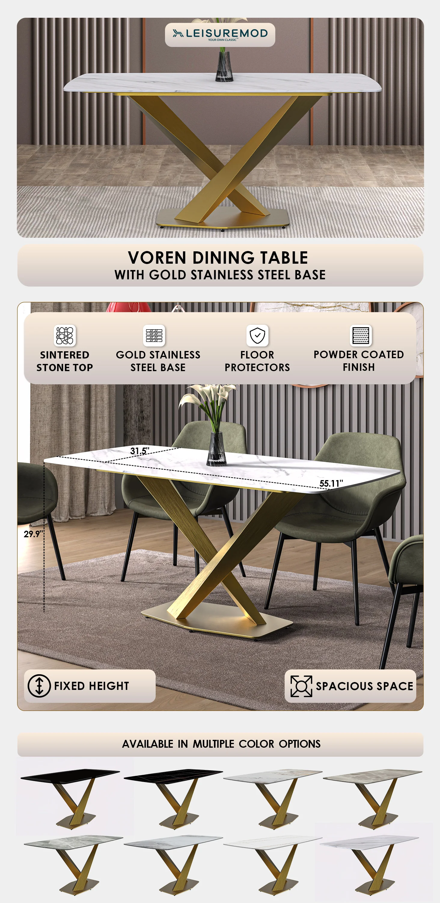 Voren Series Modern Dining Table Gold Base, With 55" White Sintered Stone Top