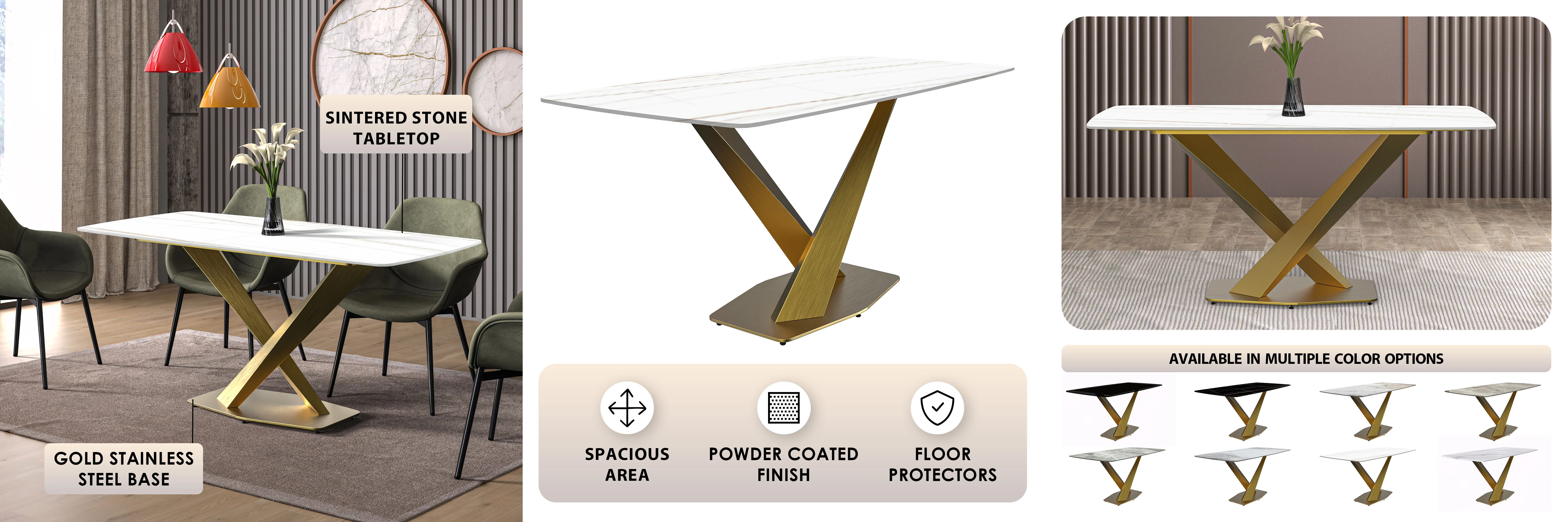 Voren Series Modern Dining Table Gold Base, With 55" White/Gold Sintered Stone Top