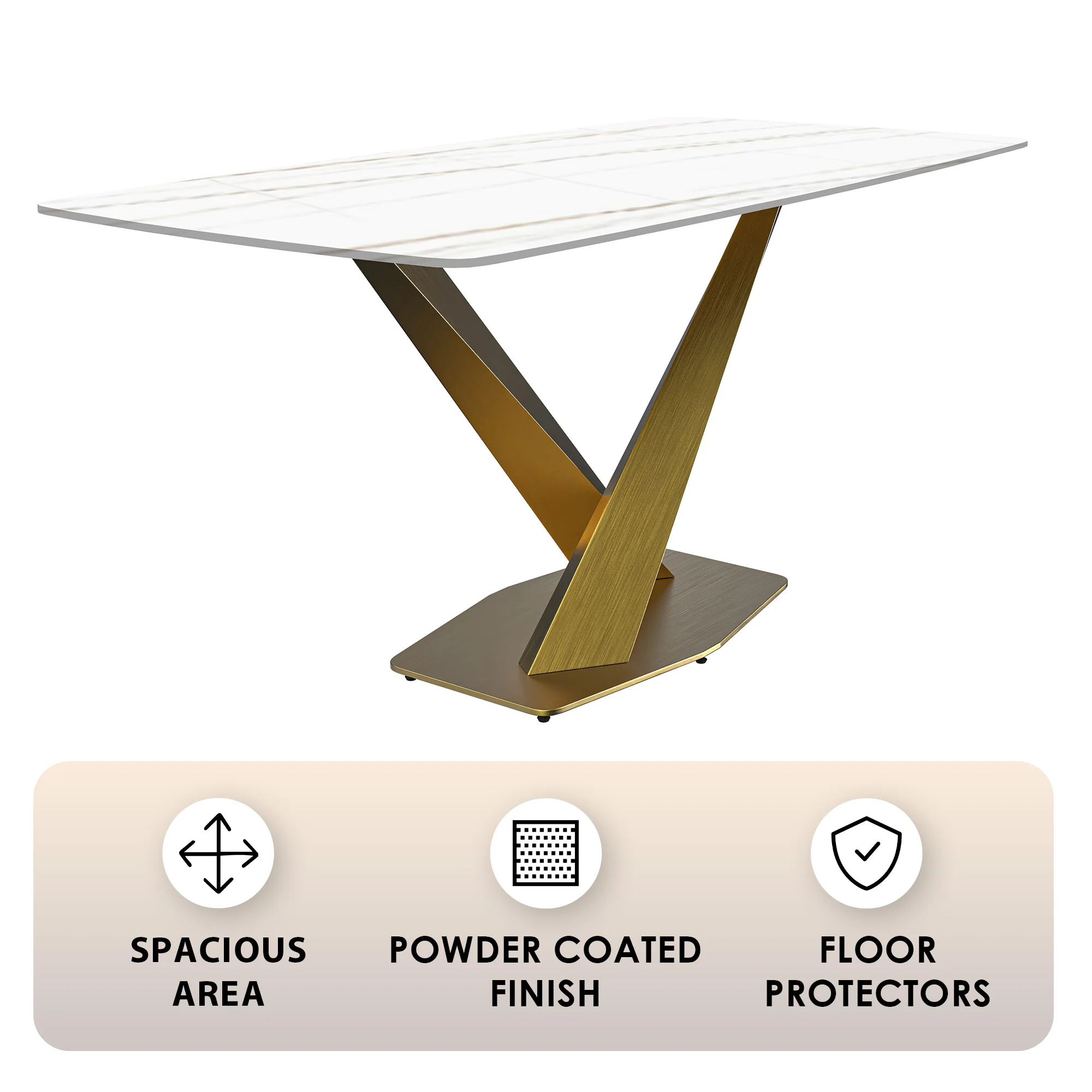 Voren Series Modern Dining Table Gold Base, With 55" White/Gold Sintered Stone Top