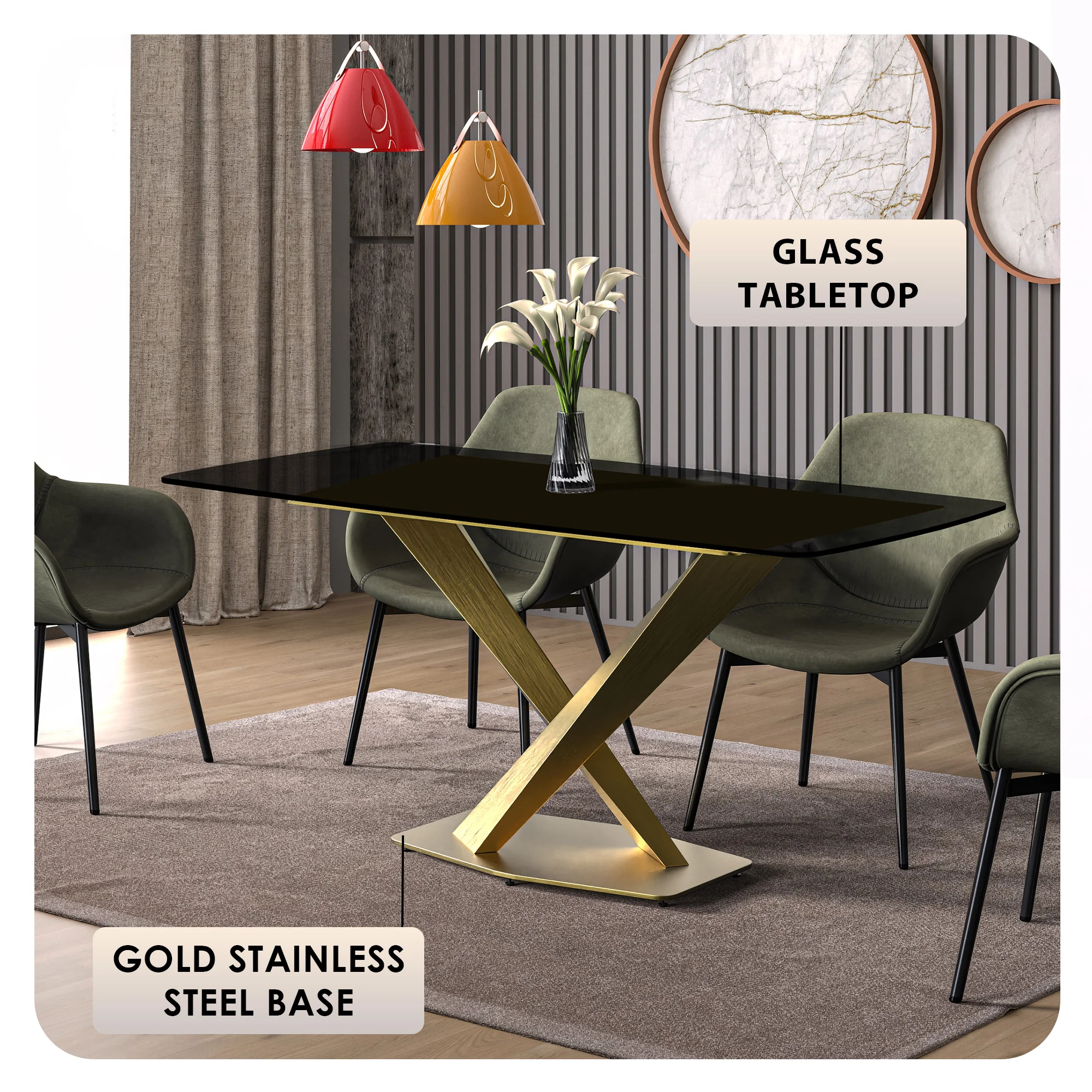 Voren Series Modern Dining Table Gold Base, With 62 Black Glass Top