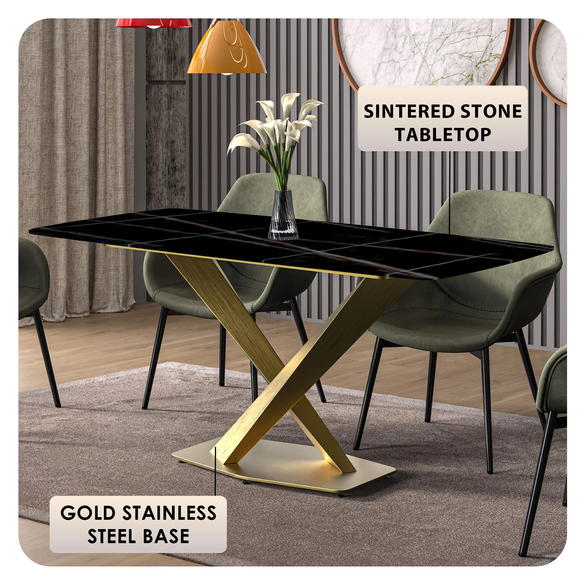 Voren Series Modern Dining Table Gold Base, With 62 Black/Gold Sintered Stone Top