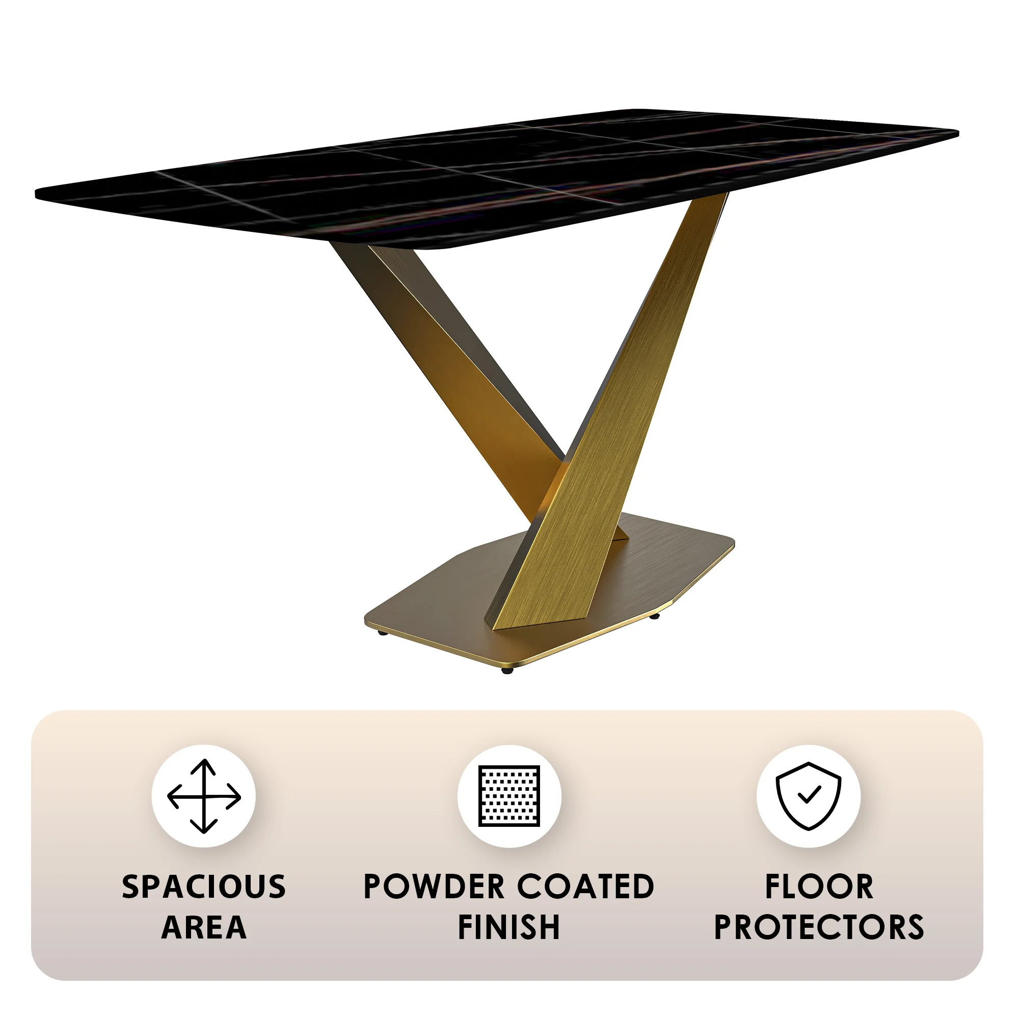 Voren Series Modern Dining Table Gold Base, With 62 Black/Gold Sintered Stone Top