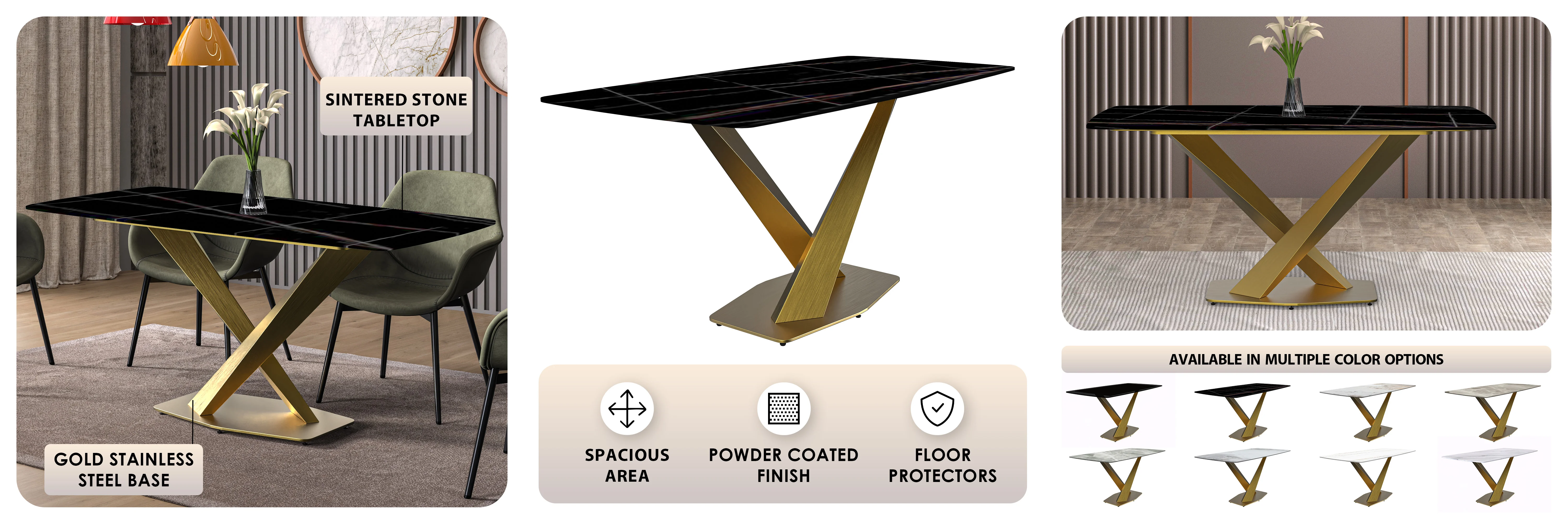 Voren Series Modern Dining Table Gold Base, With 62 Black/Gold Sintered Stone Top