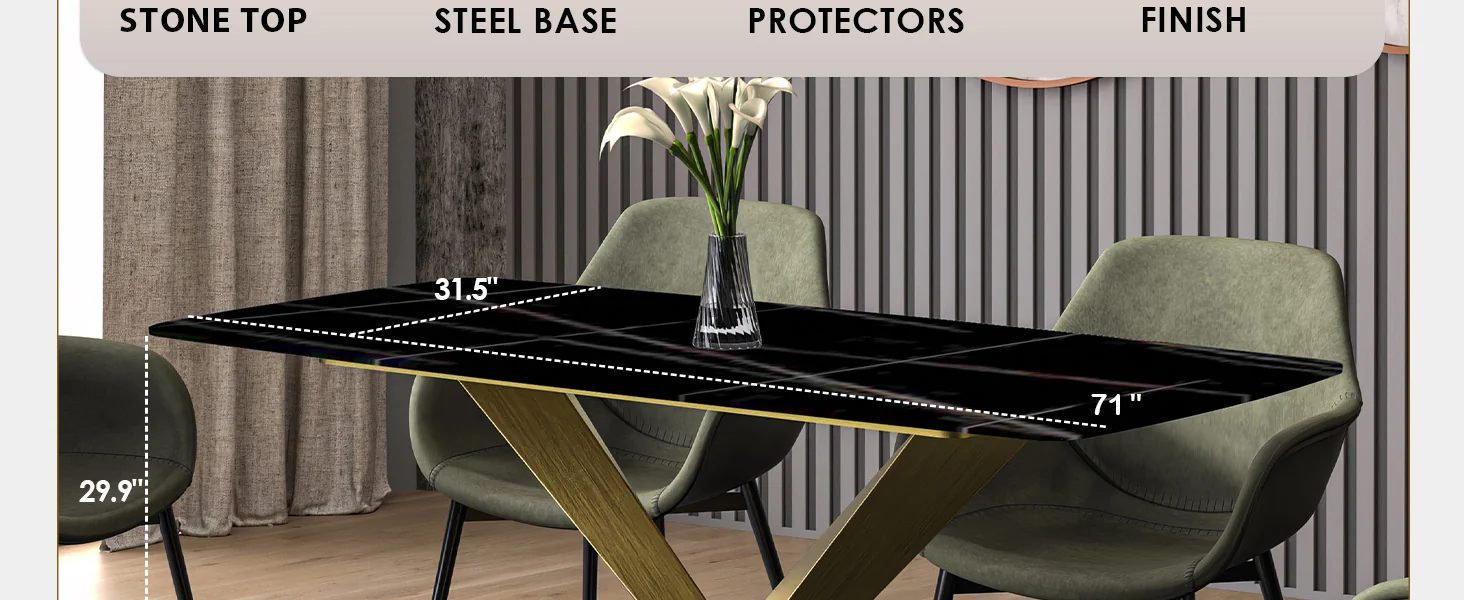 Voren Series Modern Dining Table Gold Base, With 62 Black/Gold Sintered Stone Top
