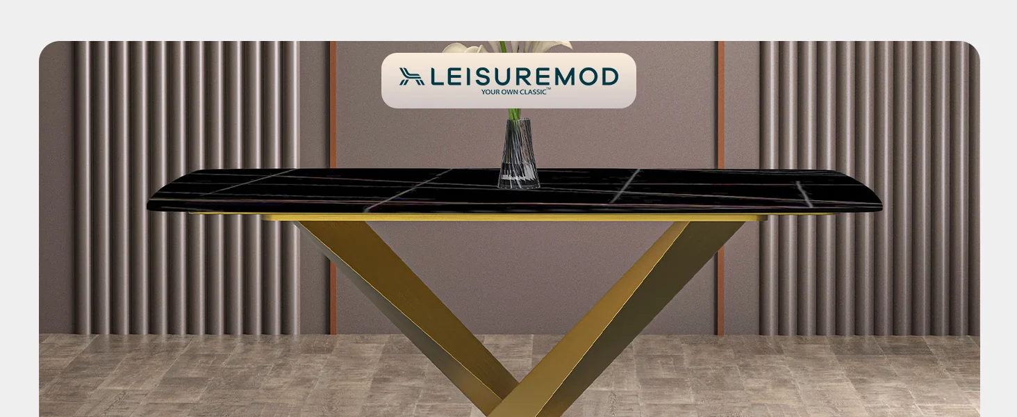 Voren Series Modern Dining Table Gold Base, With 62 Black/Gold Sintered Stone Top
