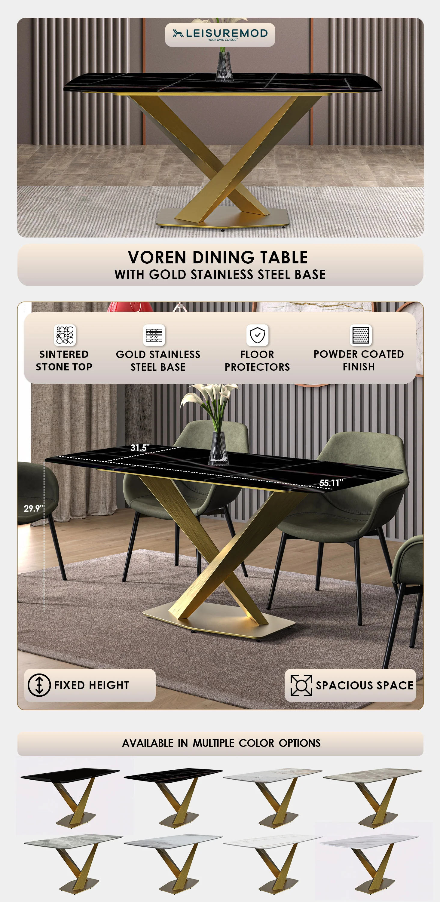 Voren Series Modern Dining Table Gold Base, With 62 Black/Gold Sintered Stone Top