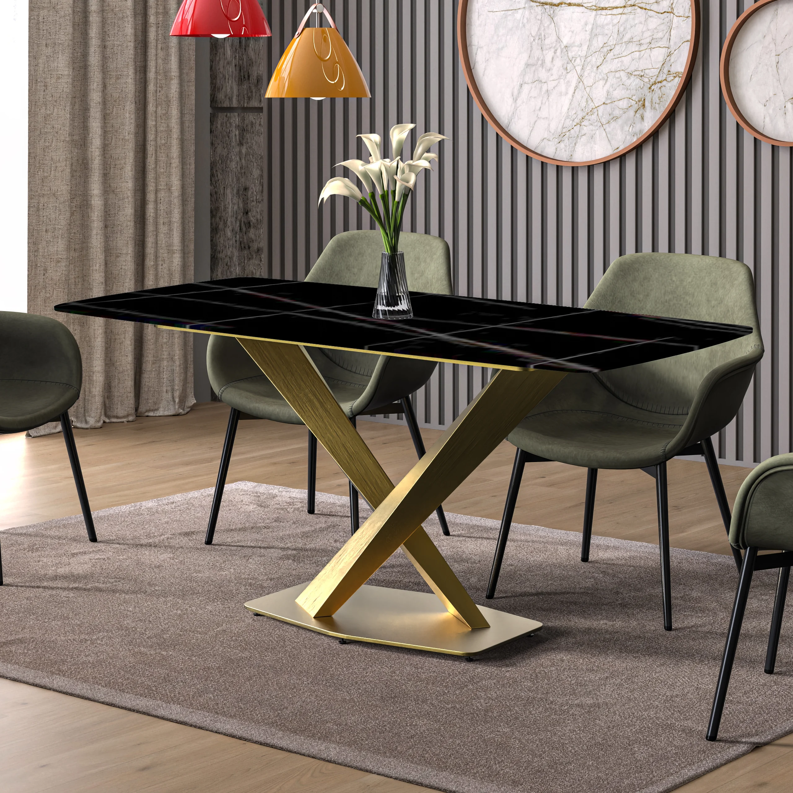 Voren Series Modern Dining Table Gold Base, With 62 Black/Gold Sintered Stone Top