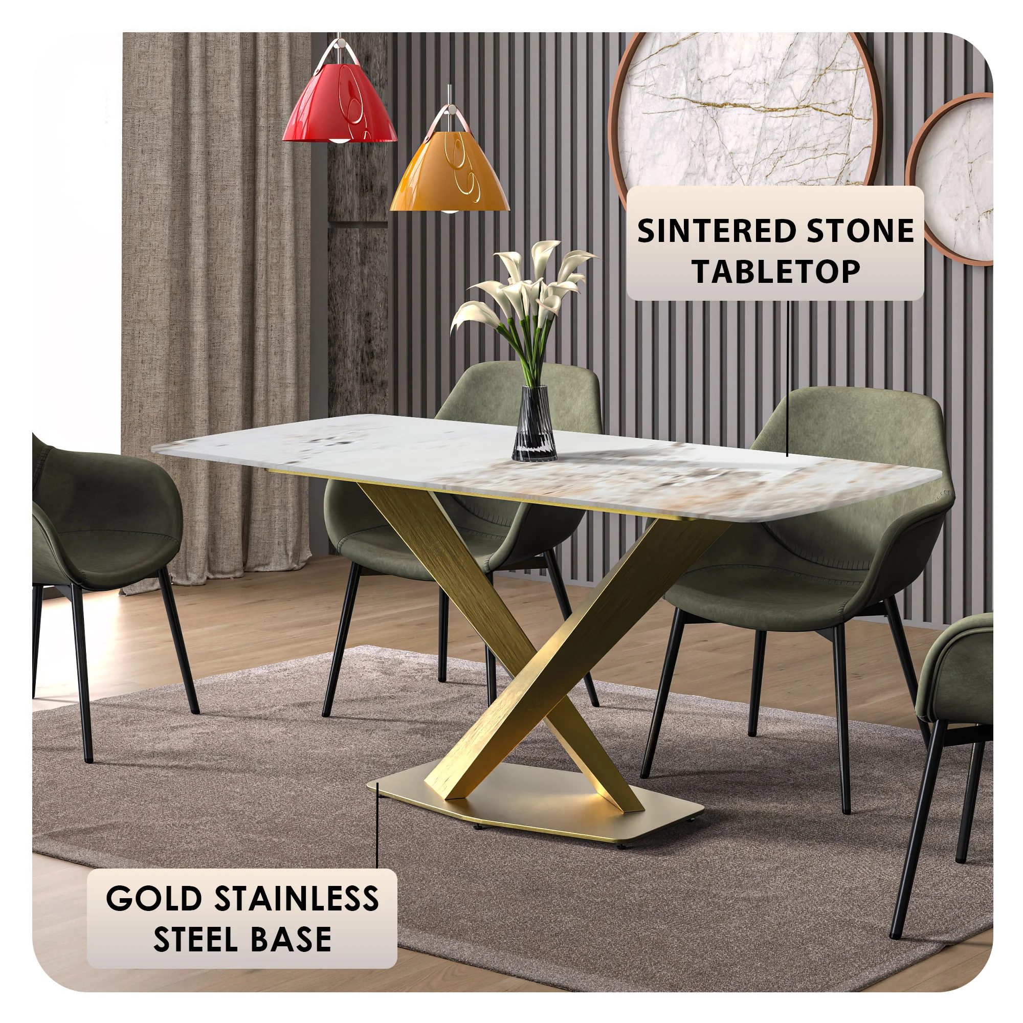 Voren Series Modern Dining Table Gold Base, With 62 White Grey Sintered Stone Top