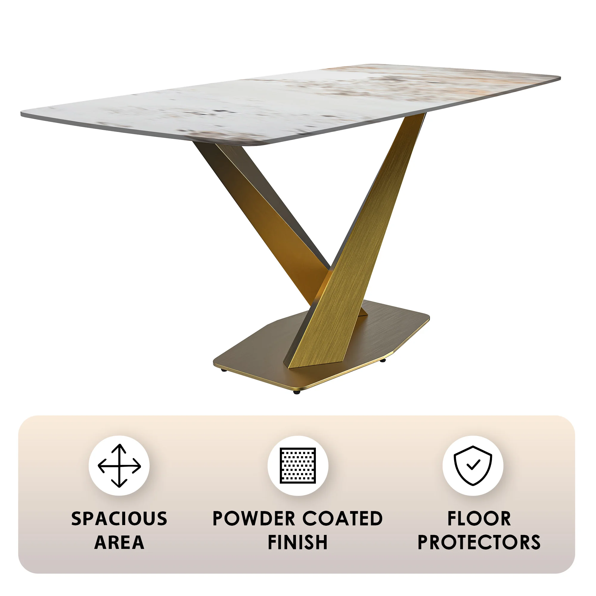 Voren Series Modern Dining Table Gold Base, With 62 White Grey Sintered Stone Top