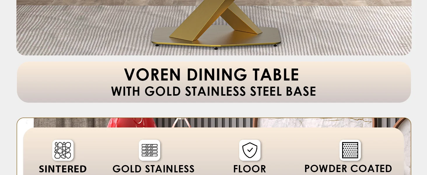 Voren Series Modern Dining Table Gold Base, With 62 Deep Grey Sintered Stone Top