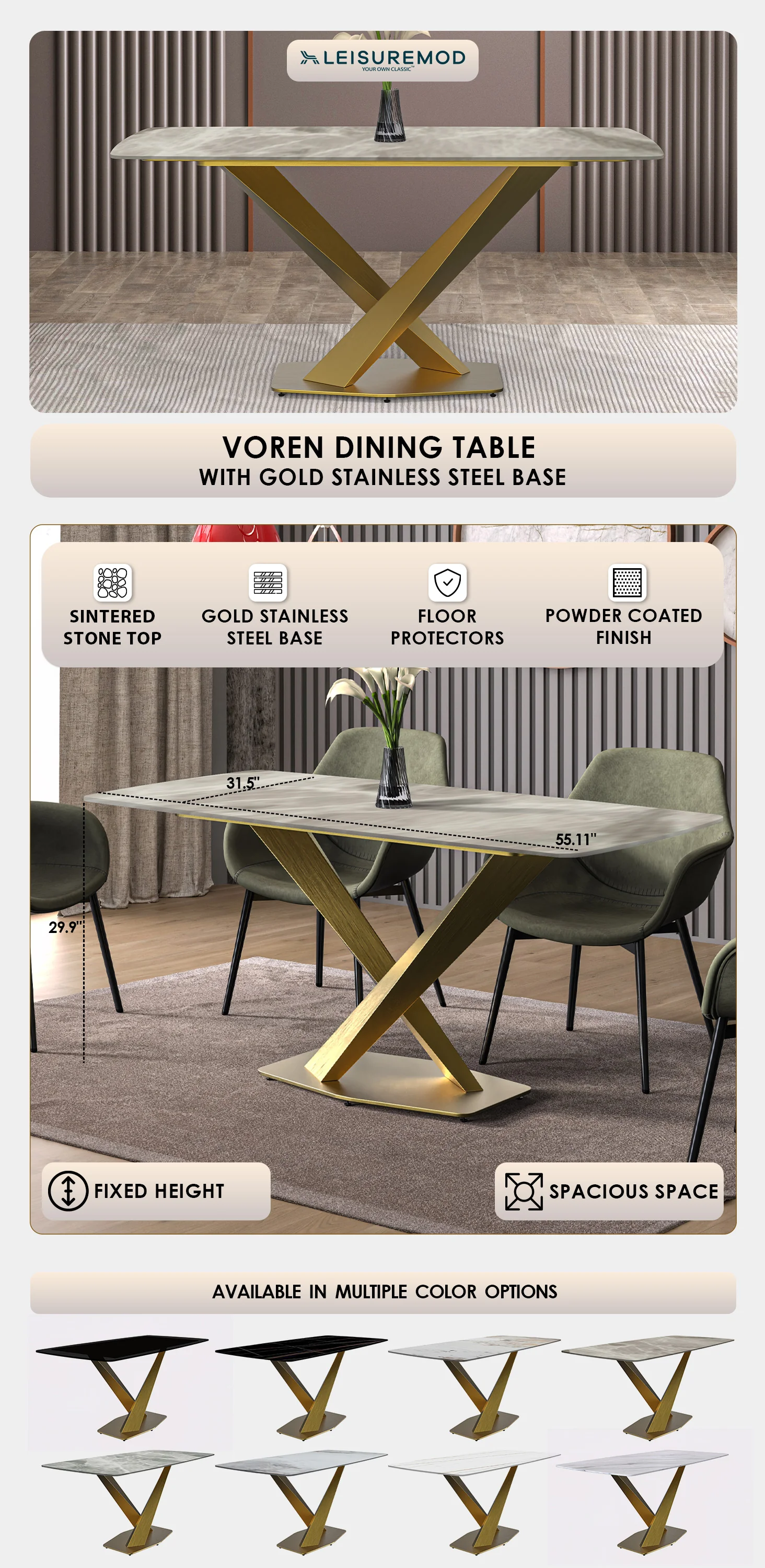 Voren Series Modern Dining Table Gold Base, With 62 Deep Grey Sintered Stone Top