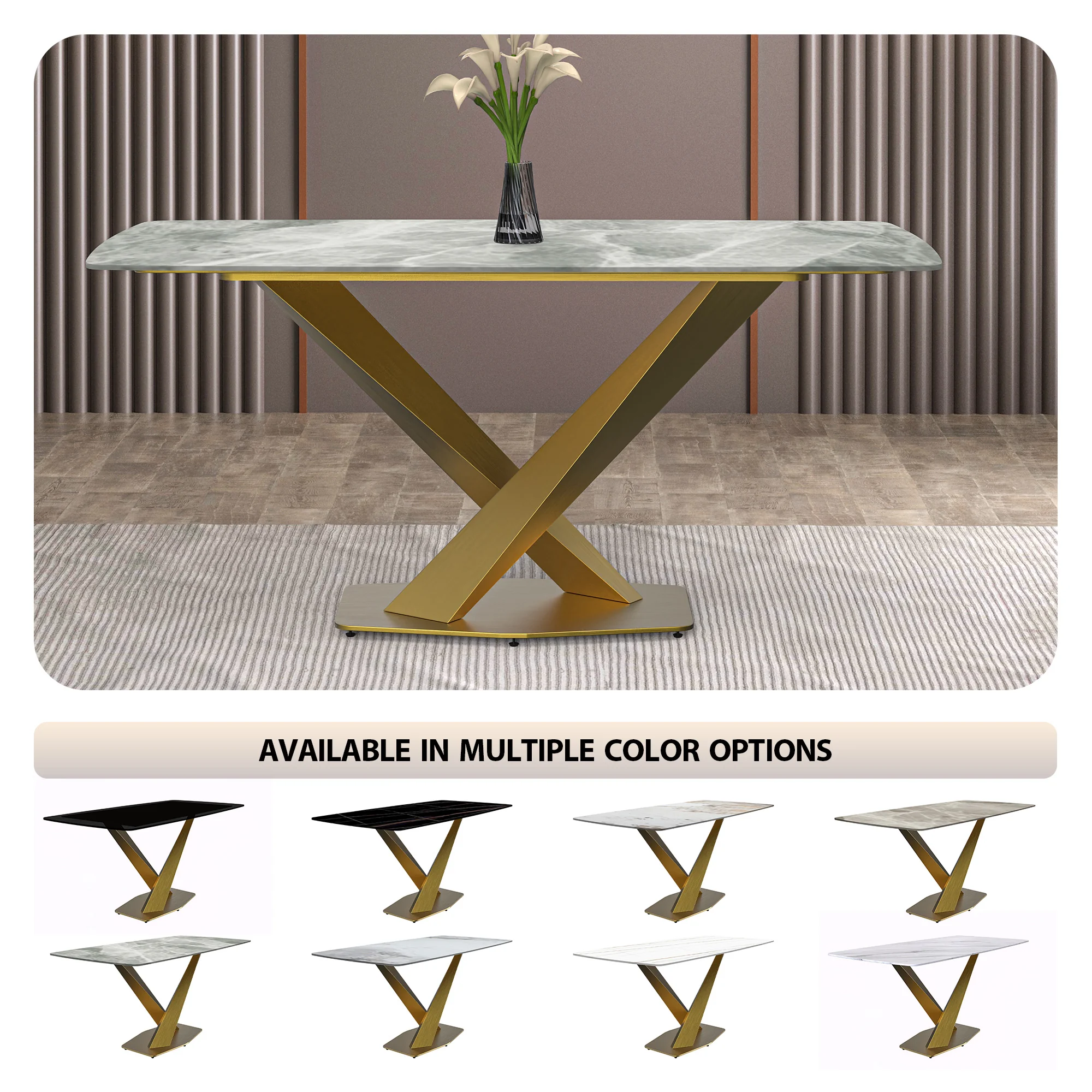 Voren Series Modern Dining Table Gold Base, With 62 Light Grey Sintered Stone Top