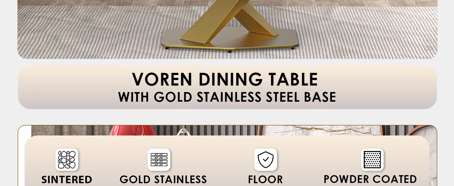 Voren Series Modern Dining Table Gold Base, With 62 Medium Grey Sintered Stone Top