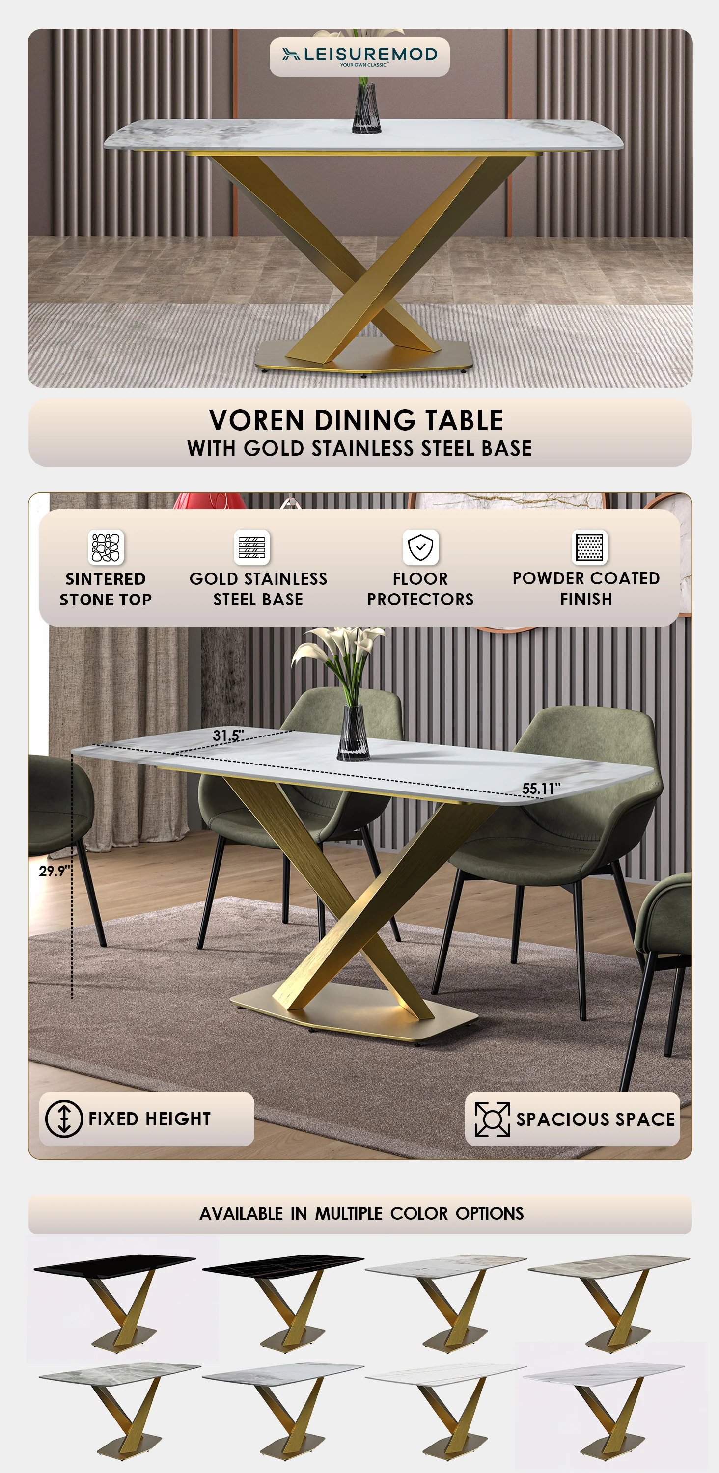 Voren Series Modern Dining Table Gold Base, With 62 Medium Grey Sintered Stone Top