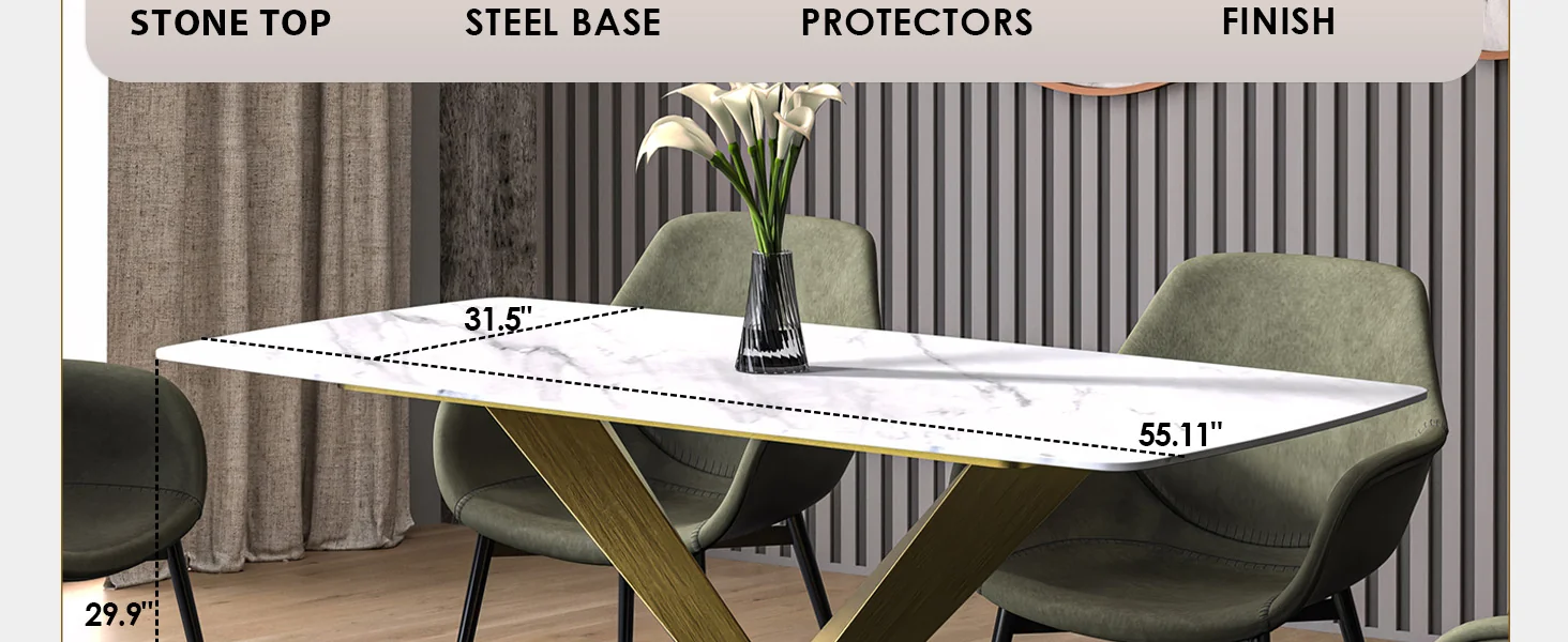 Voren Series Modern Dining Table Gold Base, With 62 White Sintered Stone Top