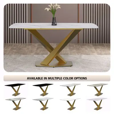 Voren Series Modern Dining Table Gold Base, With 62 White Sintered Stone Top