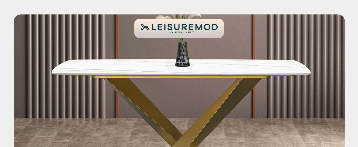 Voren Series Modern Dining Table Gold Base, With 62 White/Gold Sintered Stone Top