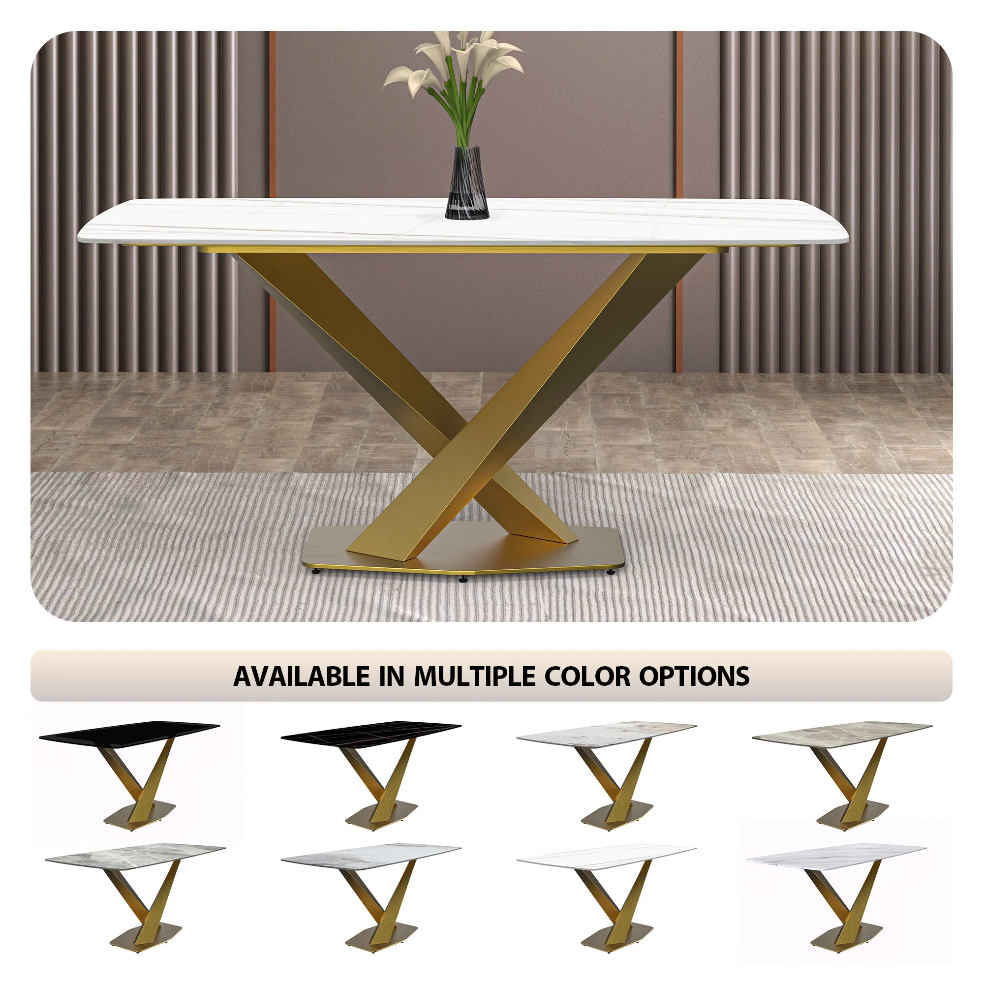 Voren Series Modern Dining Table Gold Base, With 62 White/Gold Sintered Stone Top