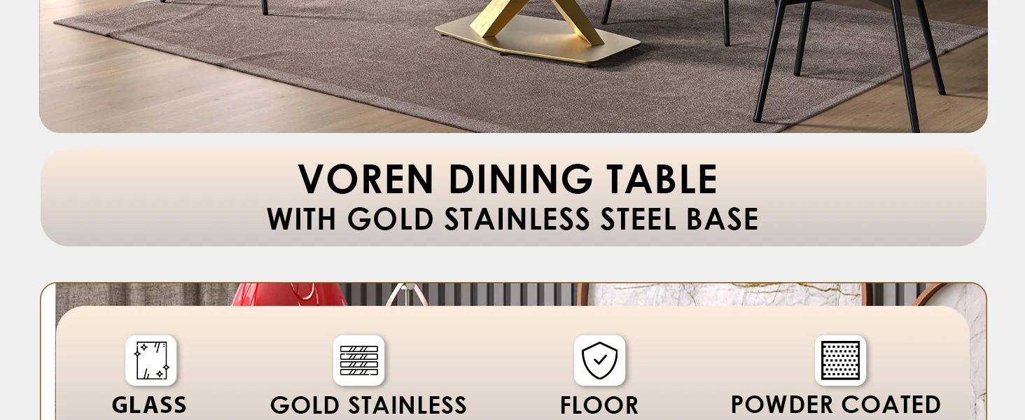 Voren Series Modern Dining Table Gold Base, With 71 Black Glass Top