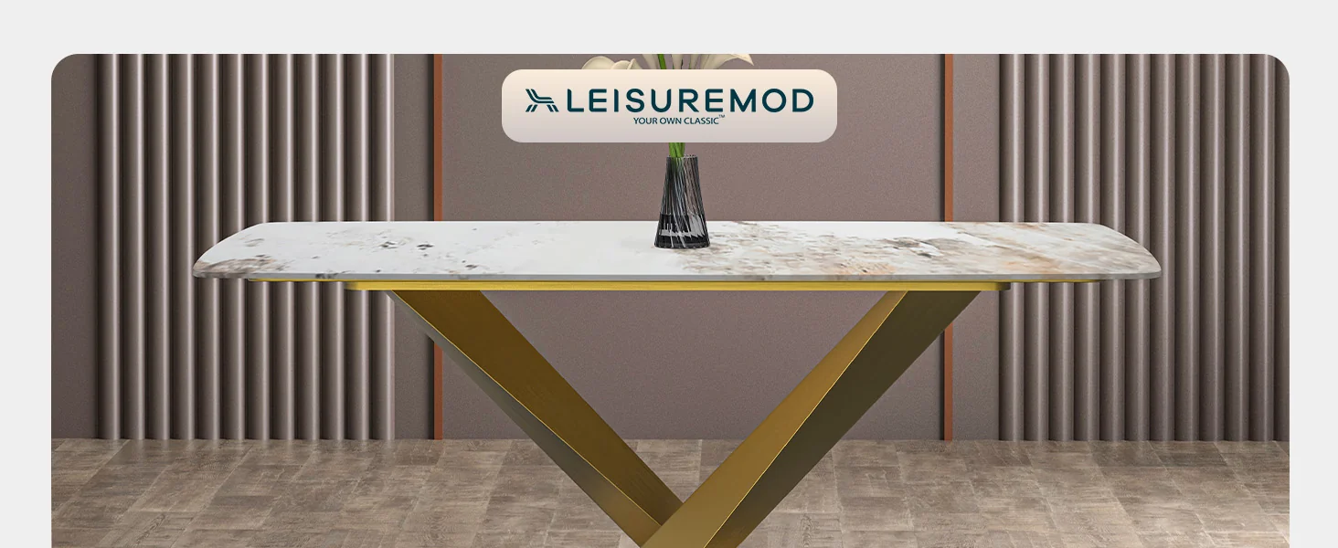 Voren Series Modern Dining Table Gold Base, With 71 White Grey Sintered Stone Top
