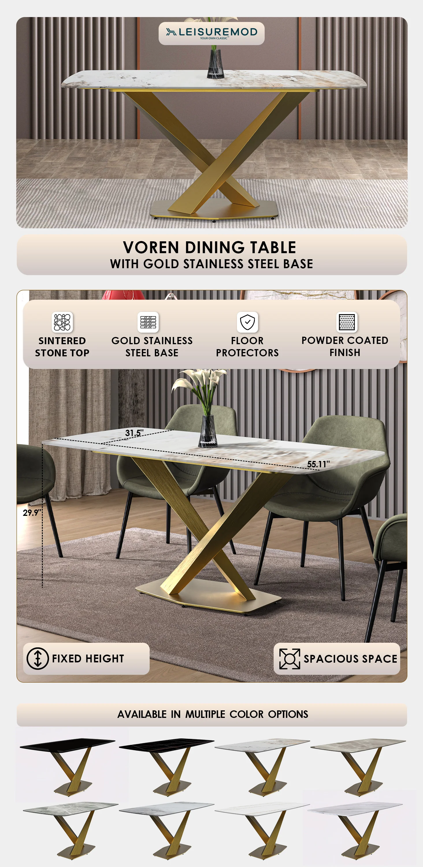 Voren Series Modern Dining Table Gold Base, With 71 White Grey Sintered Stone Top