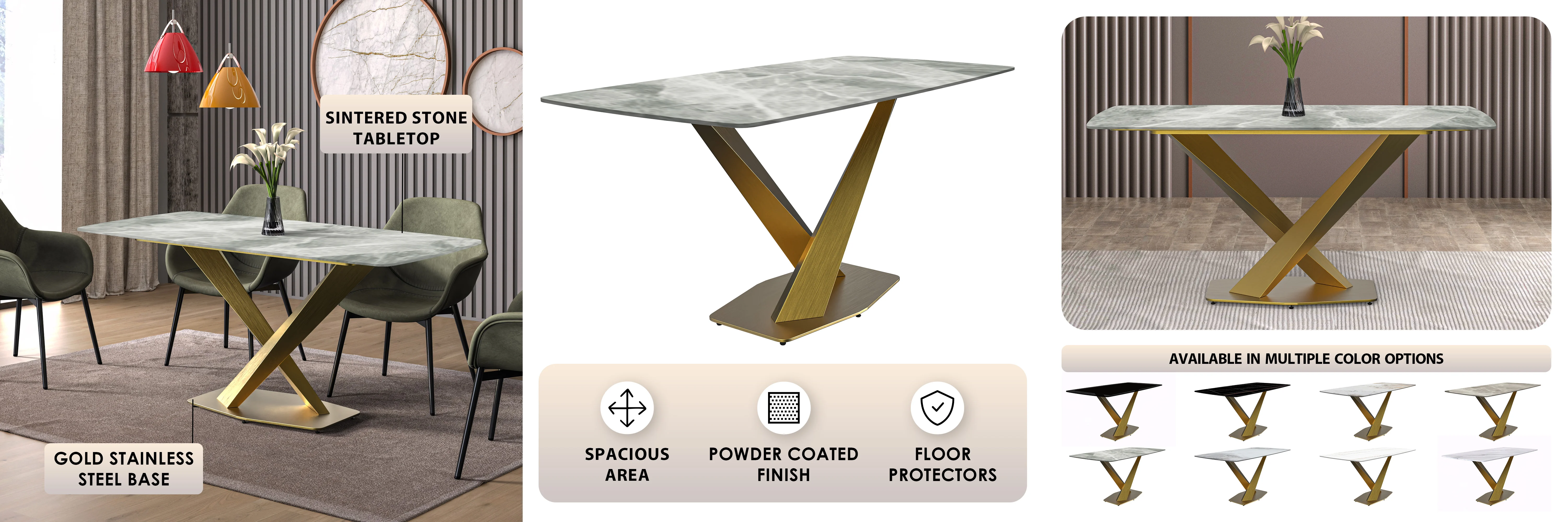 Voren Series Modern Dining Table Gold Base, With 71 Light Grey Sintered Stone Top