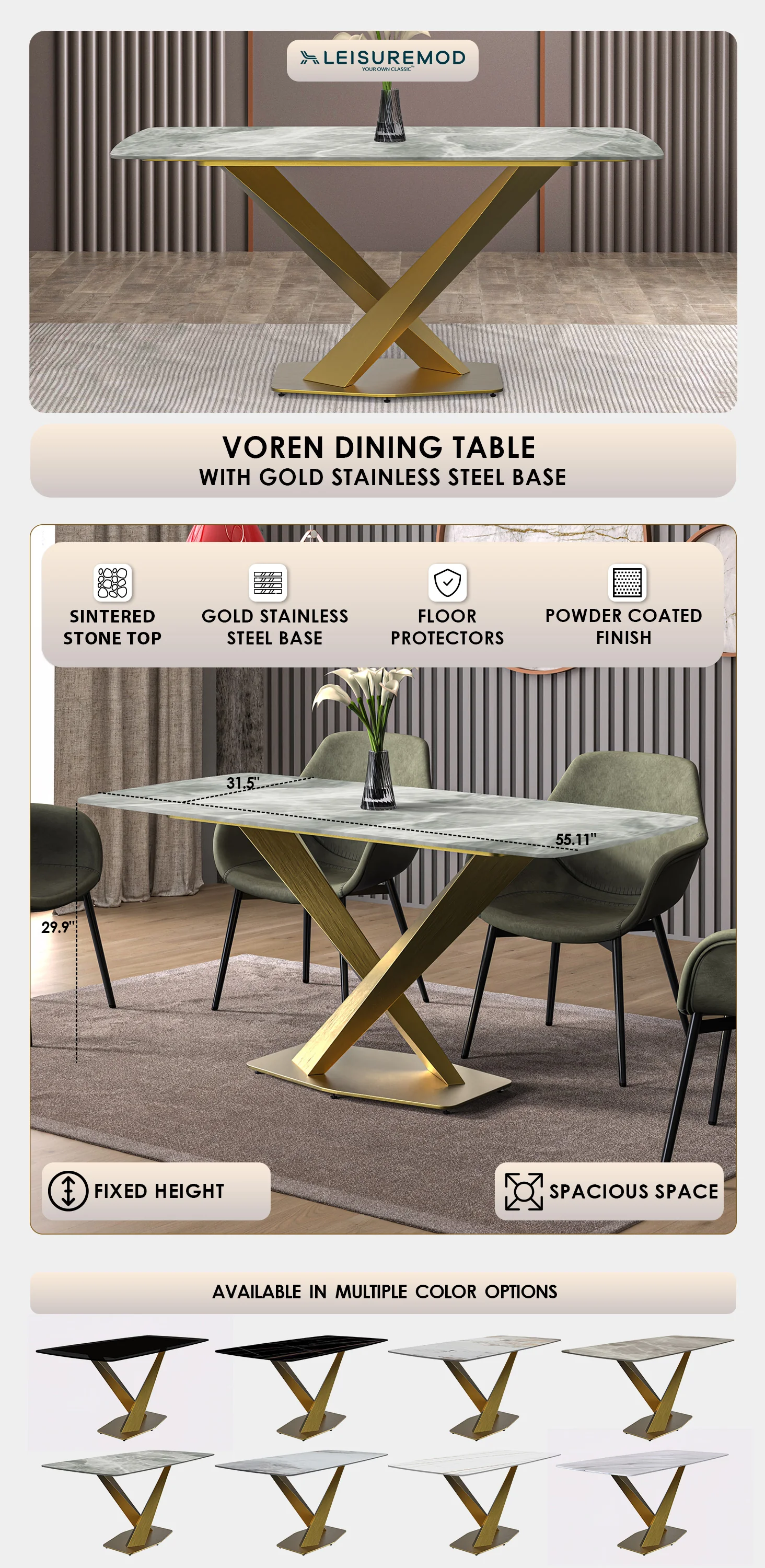 Voren Series Modern Dining Table Gold Base, With 71 Light Grey Sintered Stone Top