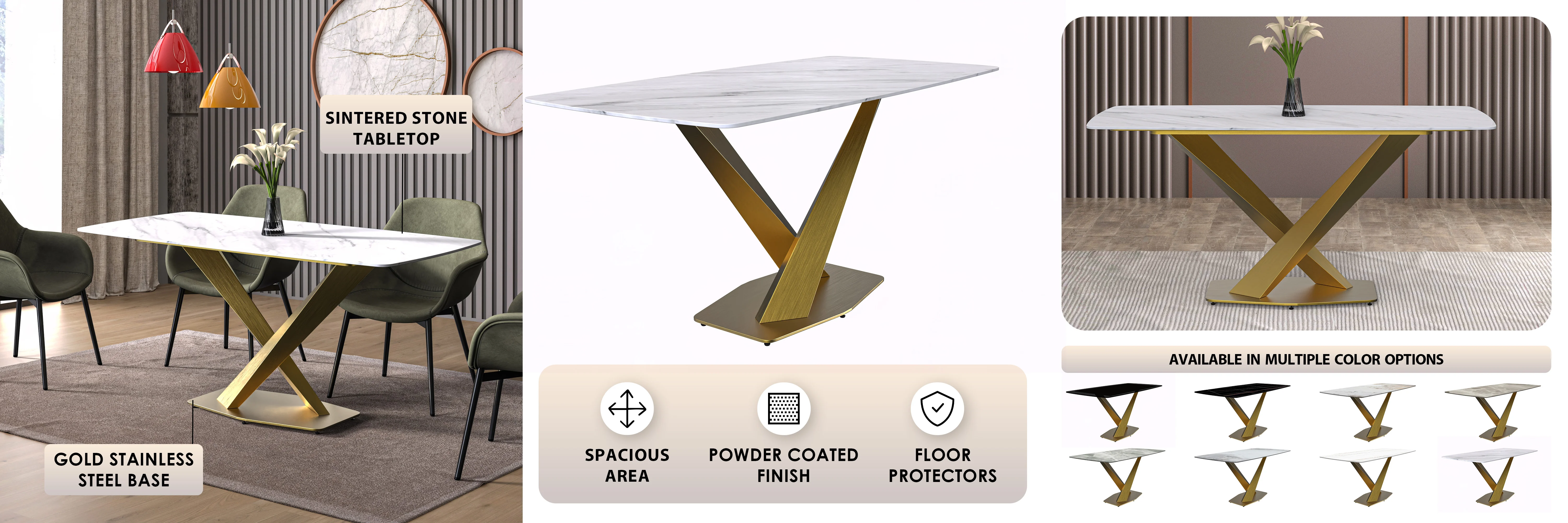 Voren Series Modern Dining Table Gold Base, With 71 White Sintered Stone Top