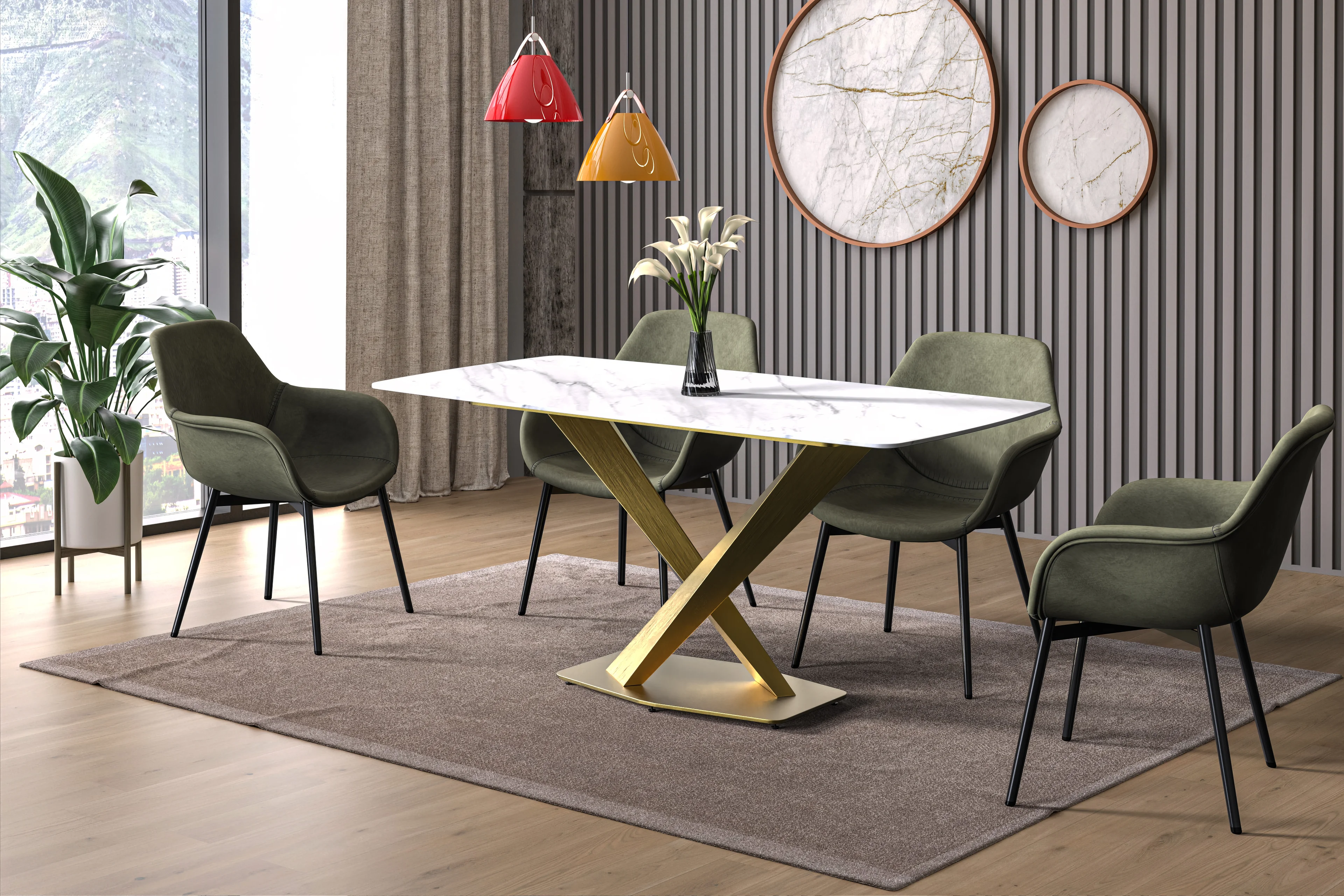 Voren Series Modern Dining Table Gold Base, With 71 White Sintered Stone Top