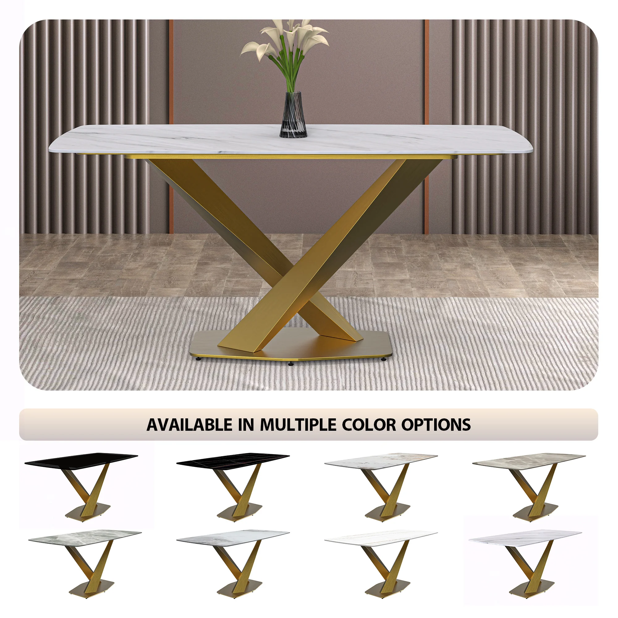Voren Series Modern Dining Table Gold Base, With 71 White Sintered Stone Top