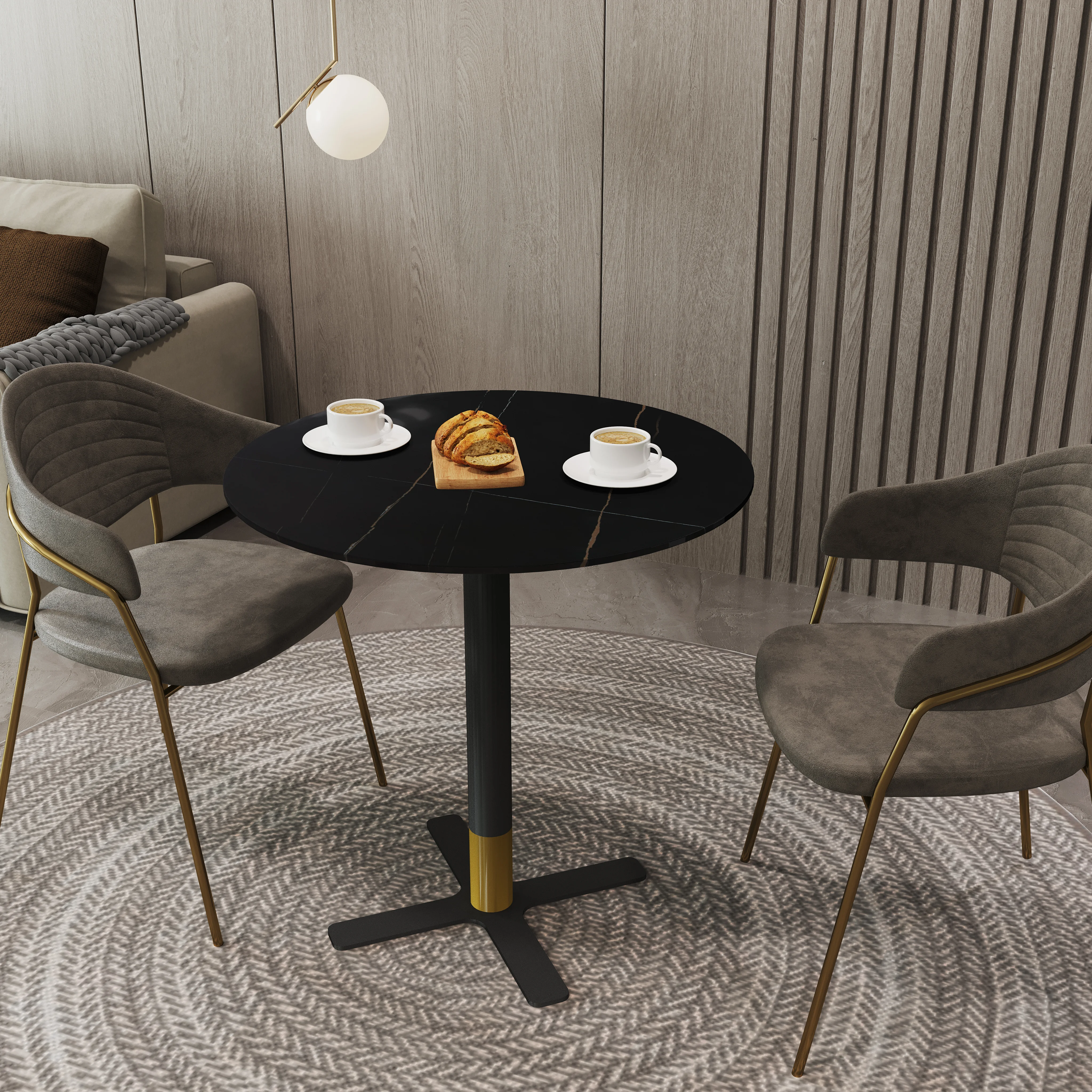 Vail Collection Dining Table Black/Gold X Base With 27" Round Black Stone Top