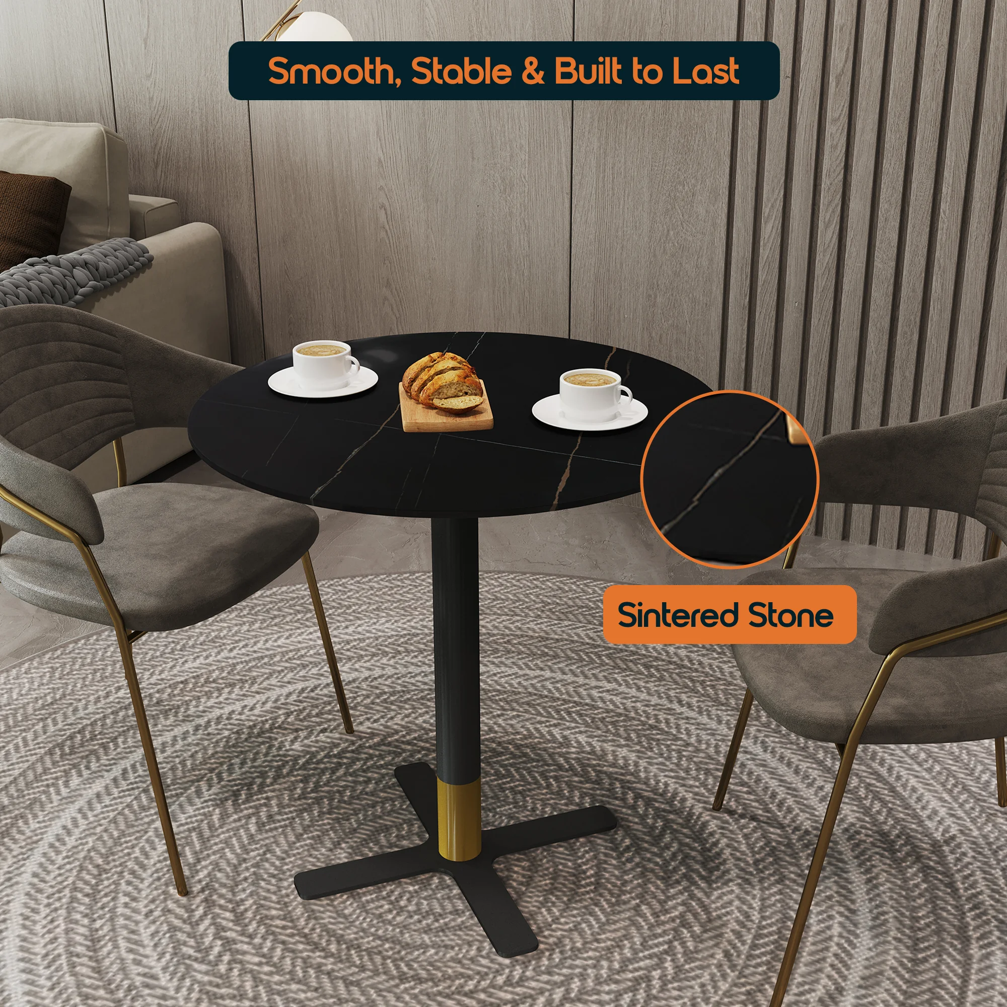 Vail Collection Dining Table Black/Gold X Base With 27" Round Black Stone Top