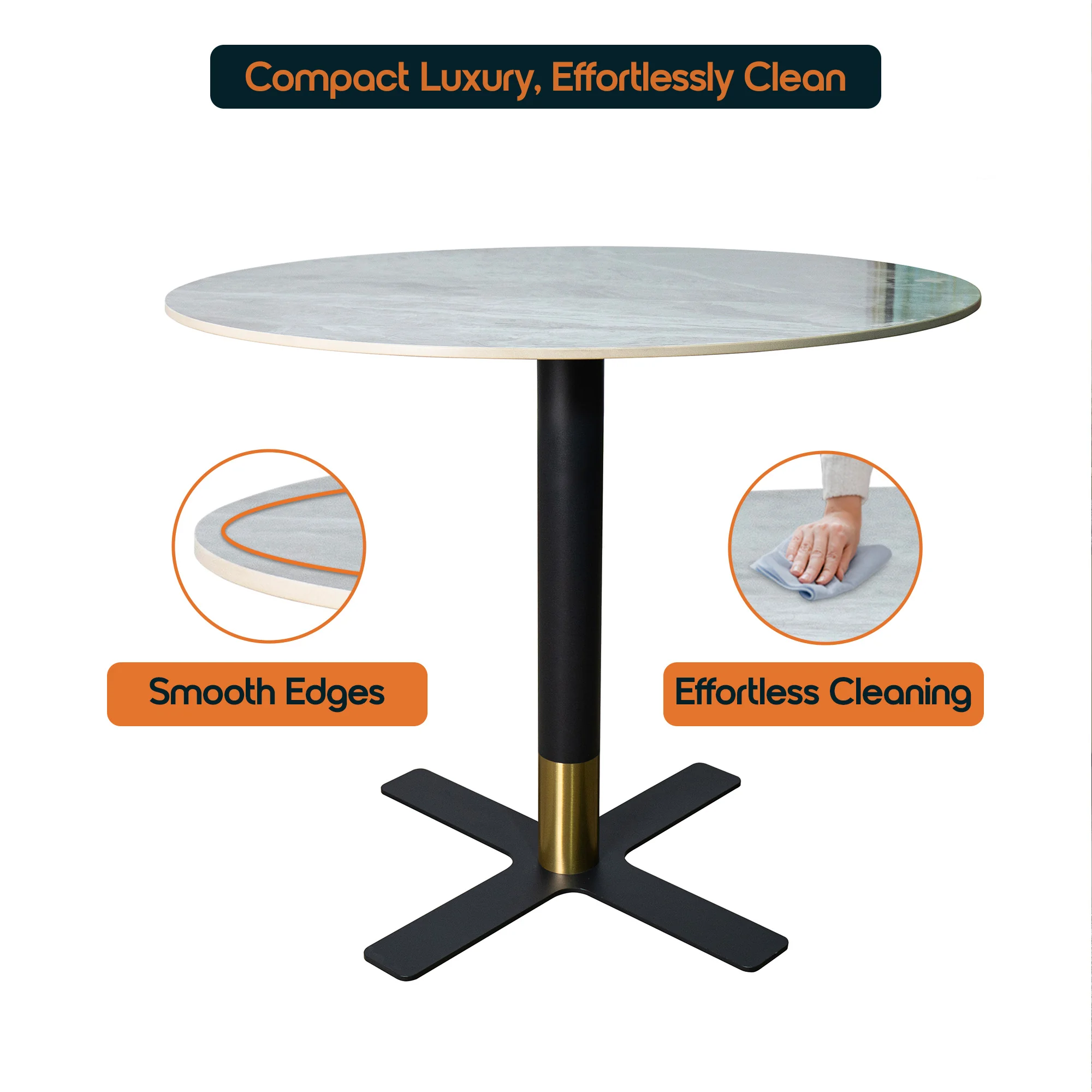 Vail Collection Dining Table Black/Gold X Base With 27" Round Grey Stone Top