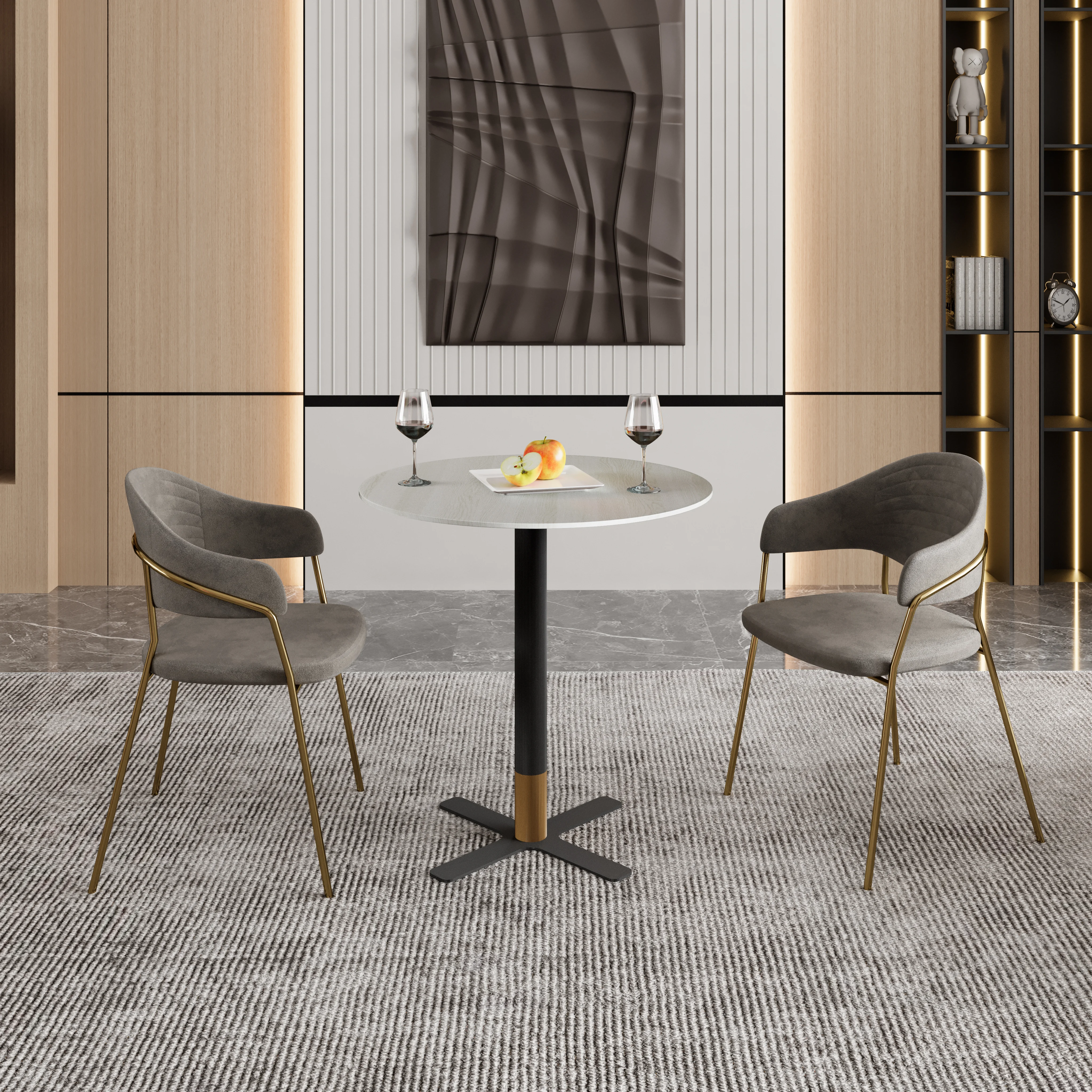 Vail Collection Dining Table Black/Gold X Base With 27" Round Light Wood Brown MDF Top