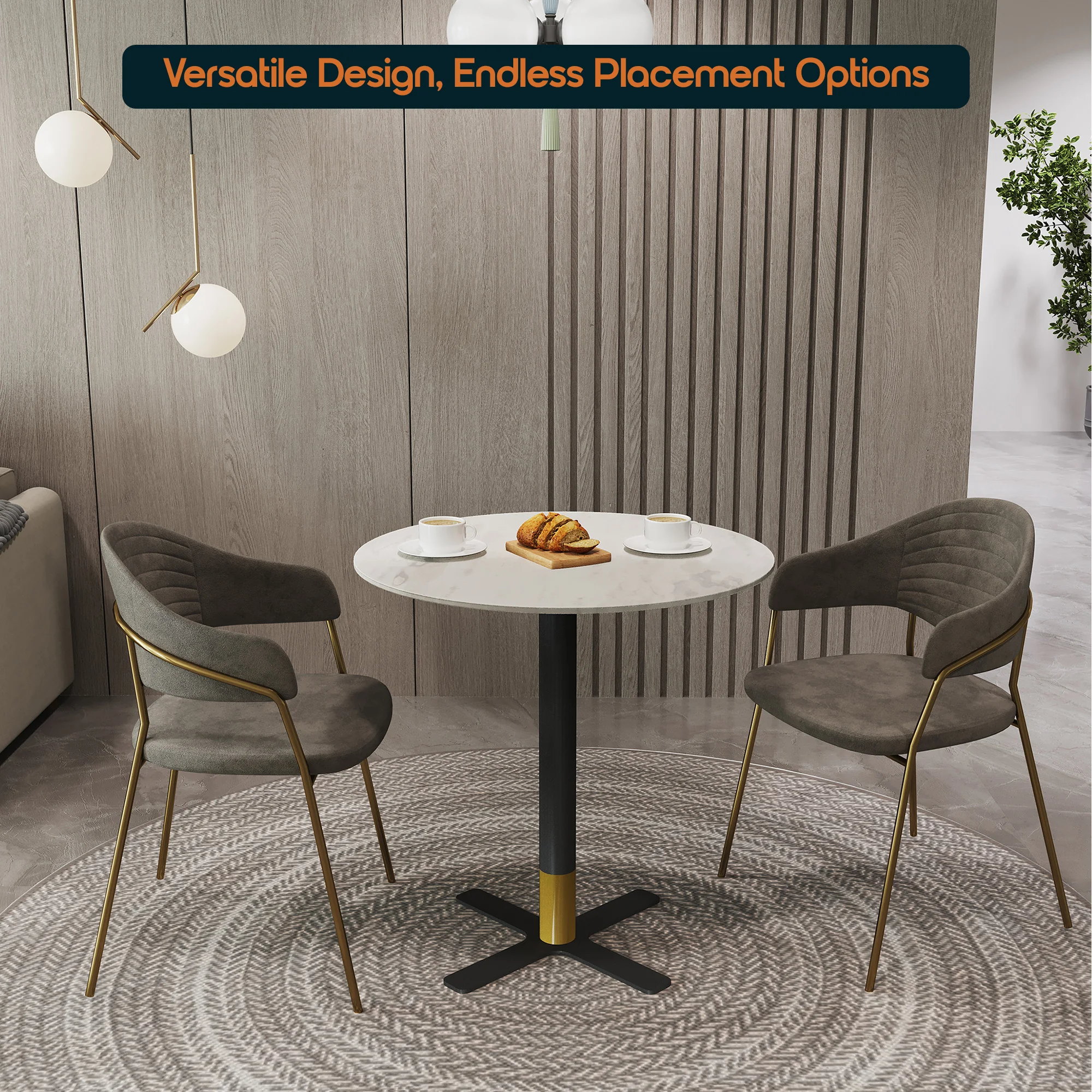 Vail Collection Dining Table Black/Gold X Base With 27" Round White Stone Top