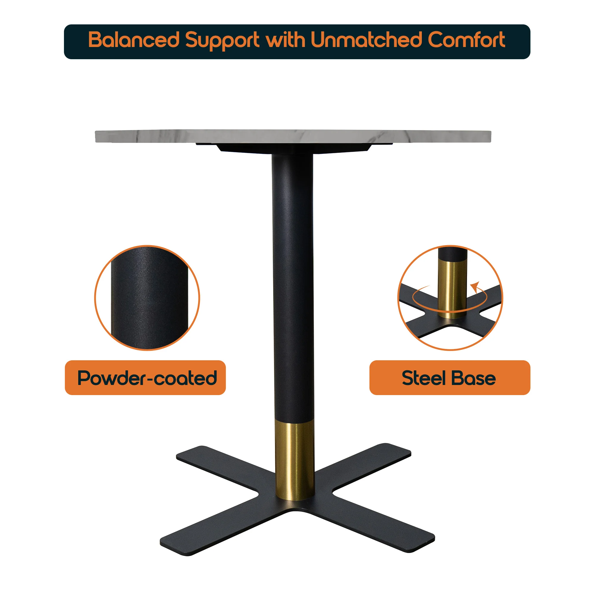 Vail Collection Dining Table Black/Gold X Base With 27" Round White Stone Top