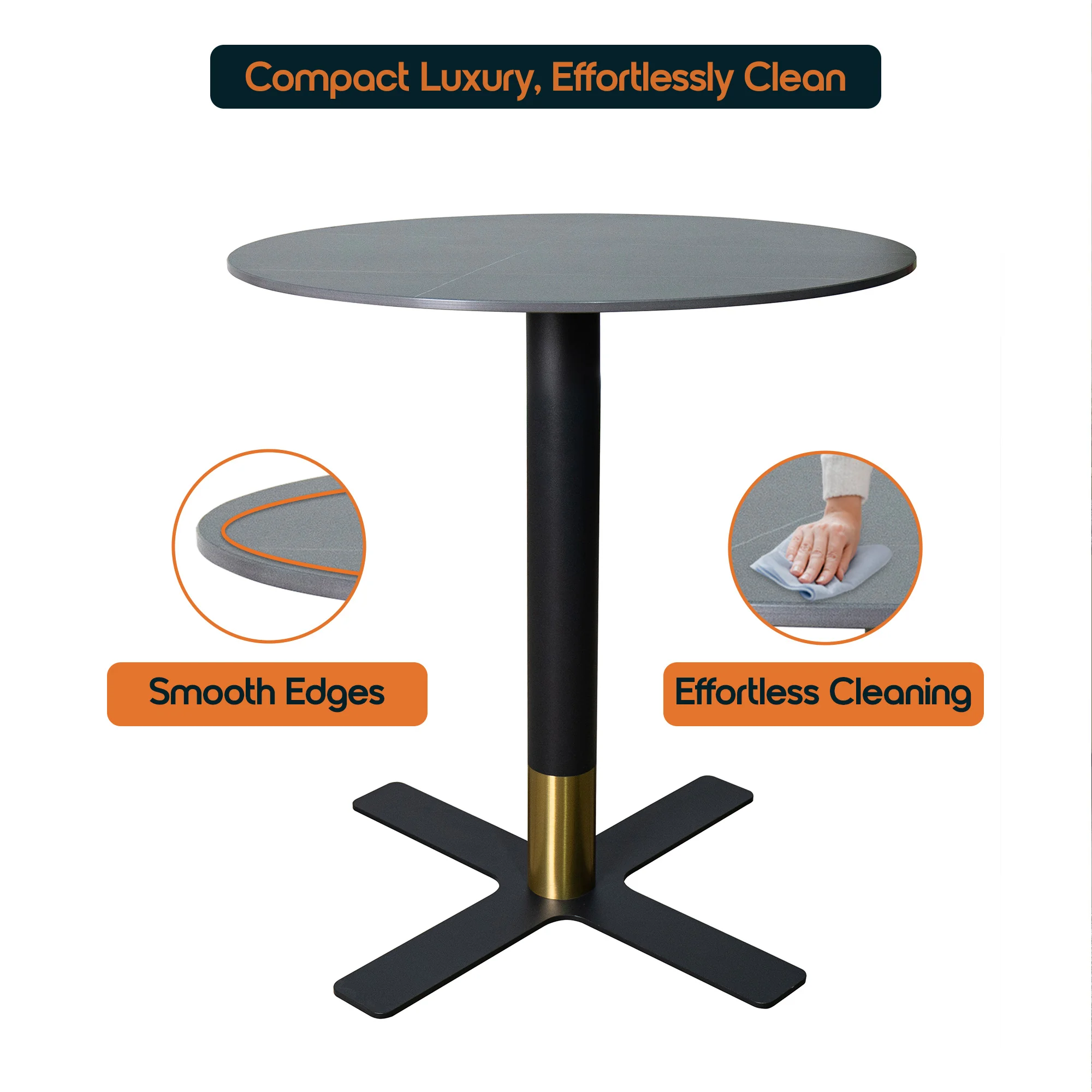 Vail Collection Dining Table Black/Gold X Base With 36" Round BLack Stone Top