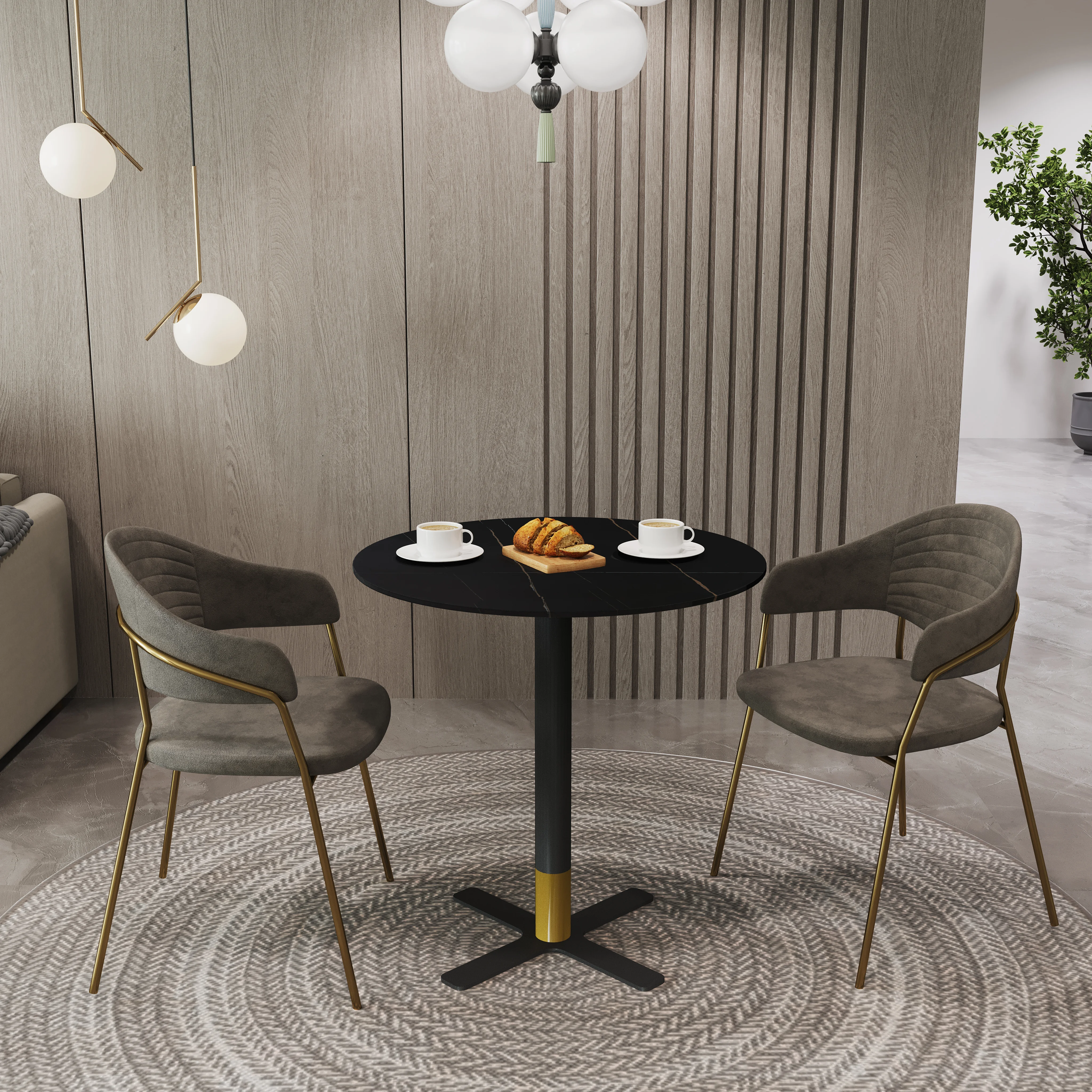 Vail Collection Dining Table Black/Gold X Base With 36" Round BLack Stone Top