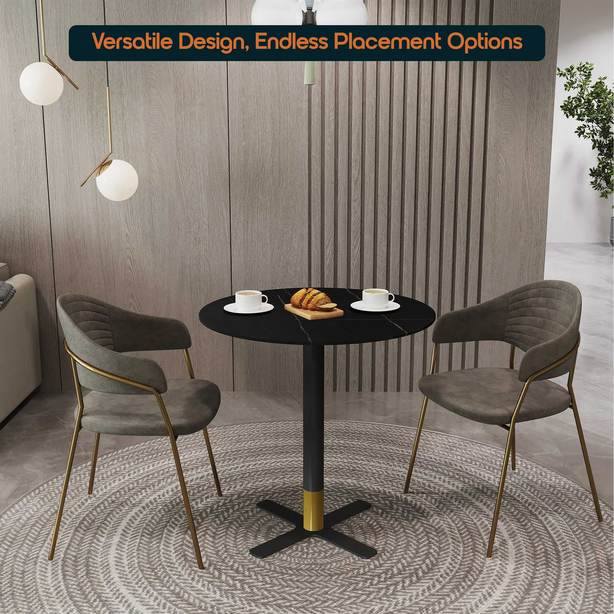 Vail Collection Dining Table Black/Gold X Base With 36" Round BLack Stone Top