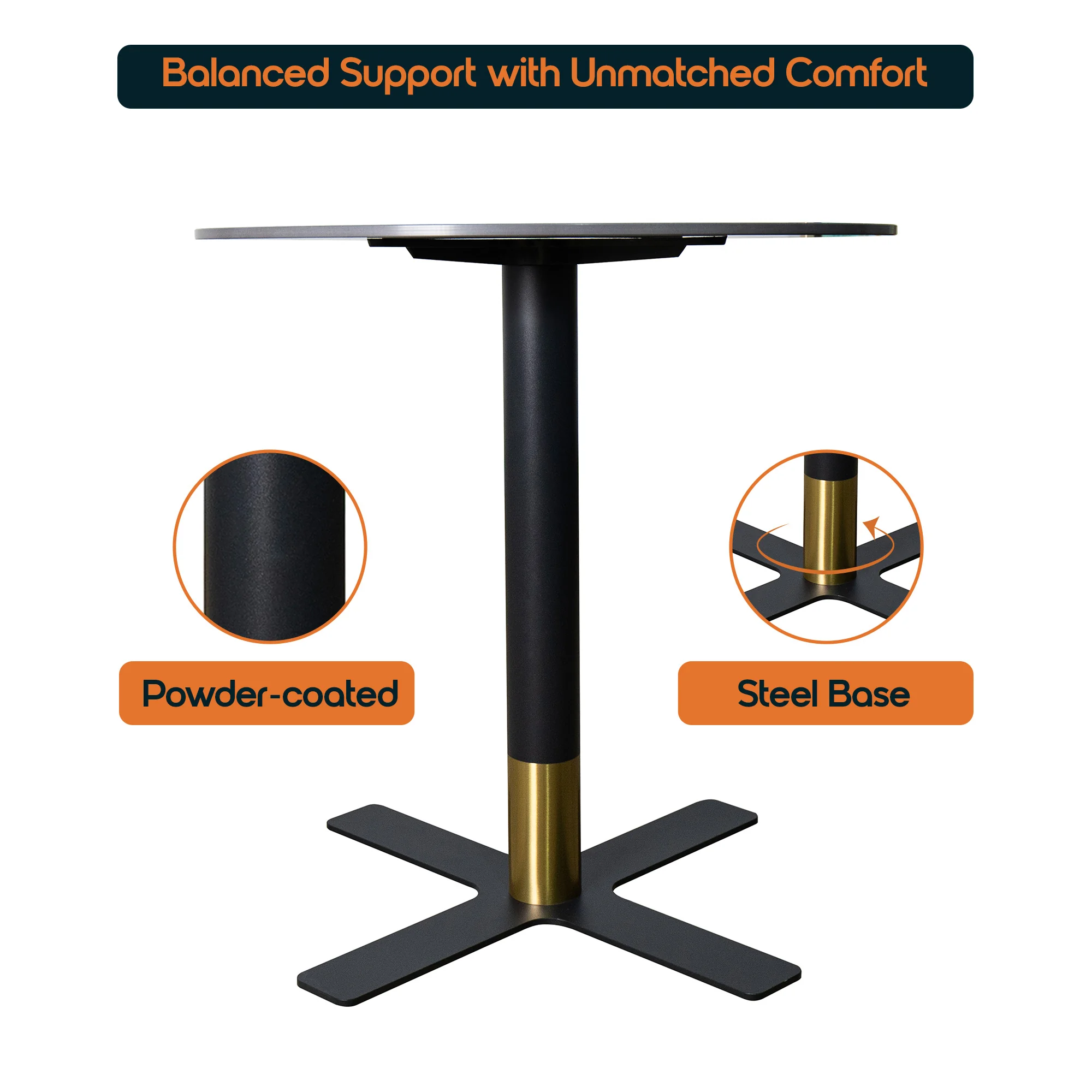 Vail Collection Dining Table Black/Gold X Base With 36" Round BLack Stone Top